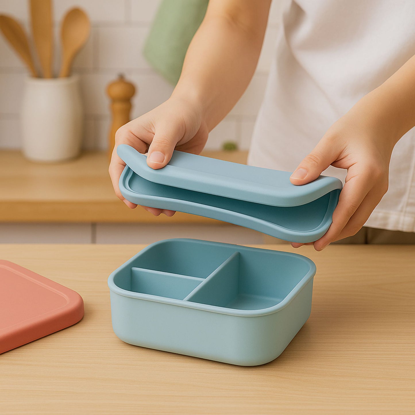 Flexible blue silicone lunch box lid being bent — showcasing the softness and durability of ZipNow everyday lunch box