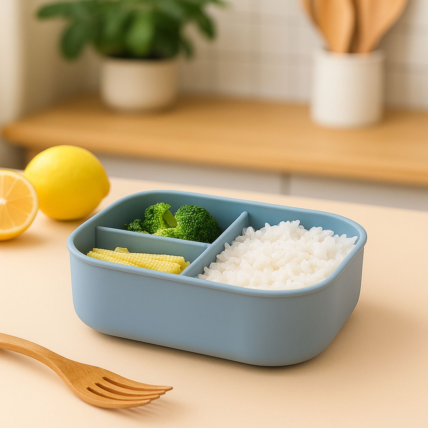 A ZipNow blue silicone lunchbox filled with steamed rice, broccoli, and baby corn placed on a pastel surface with lemon and fork props.