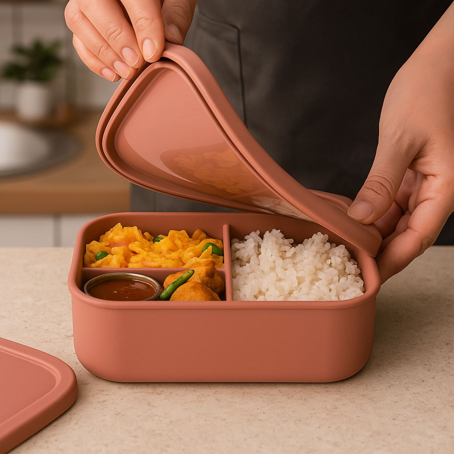 Hand lifting lid of ZipNow Silicone Everyday Lunchbox in rose color, filled with pakoras, chutney, and rice – ideal for Indian meals.