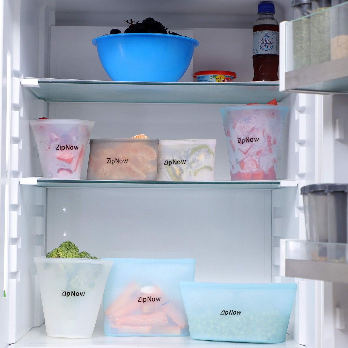 Freezer-safe ZipNow Silicone Lifestyle Bag storing frozen vegetables — perfect for batch cooking