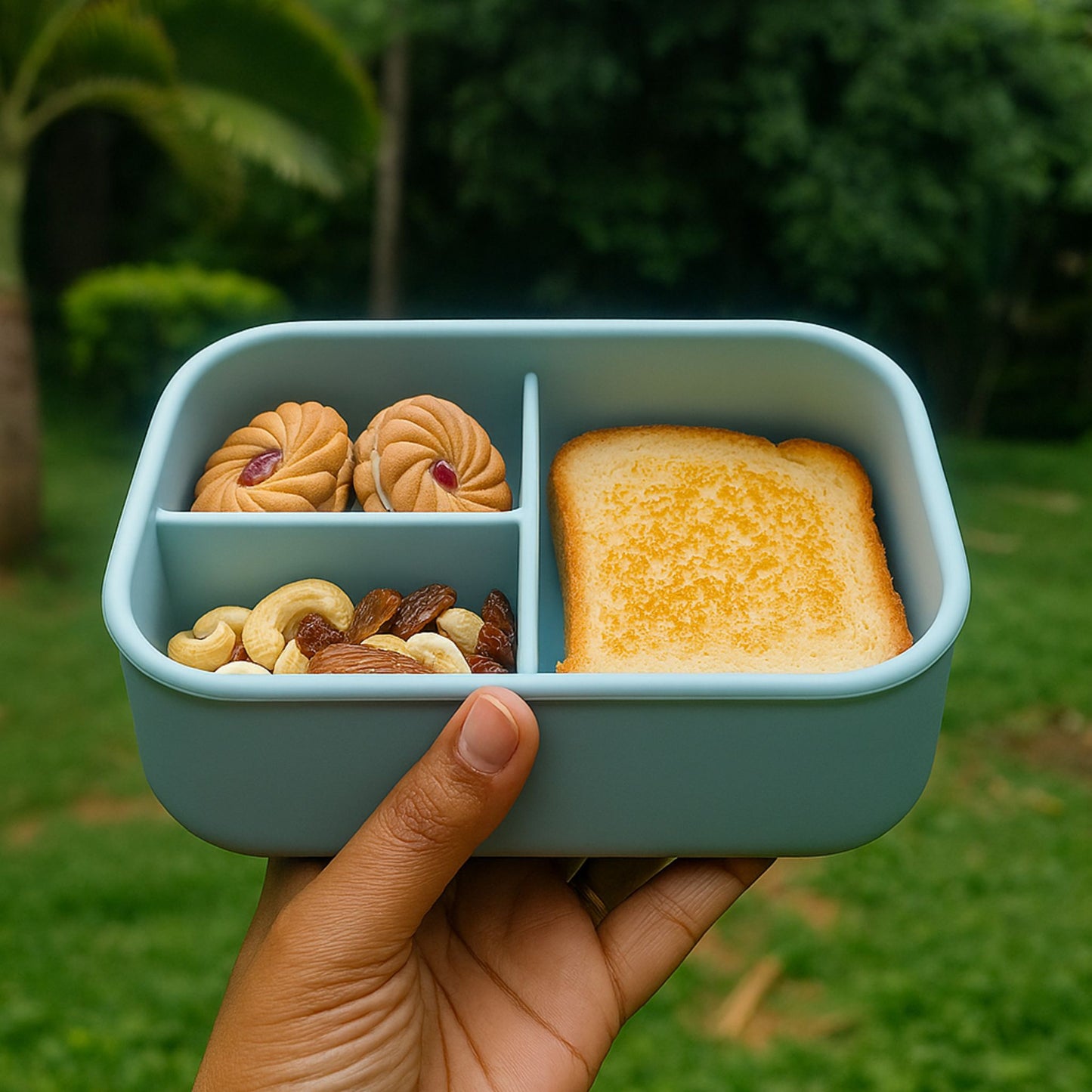 A ZipNow silicone lunchbox filled with toast, cashews, almonds, and cookies, held outdoors in one hand with a lush green background.
