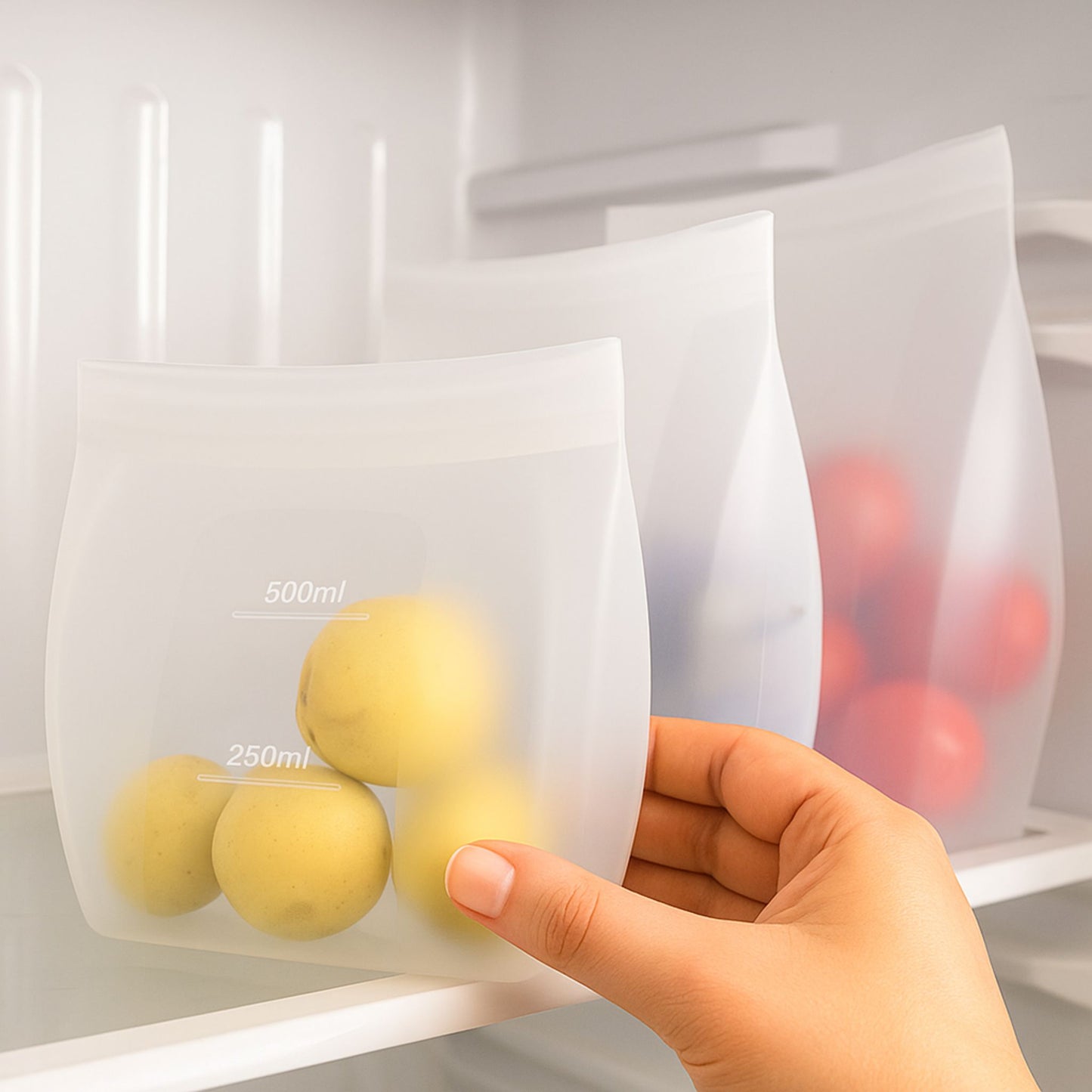 ZipNow silicone smart bag storing lemons in fridge – great for fresh produce organization