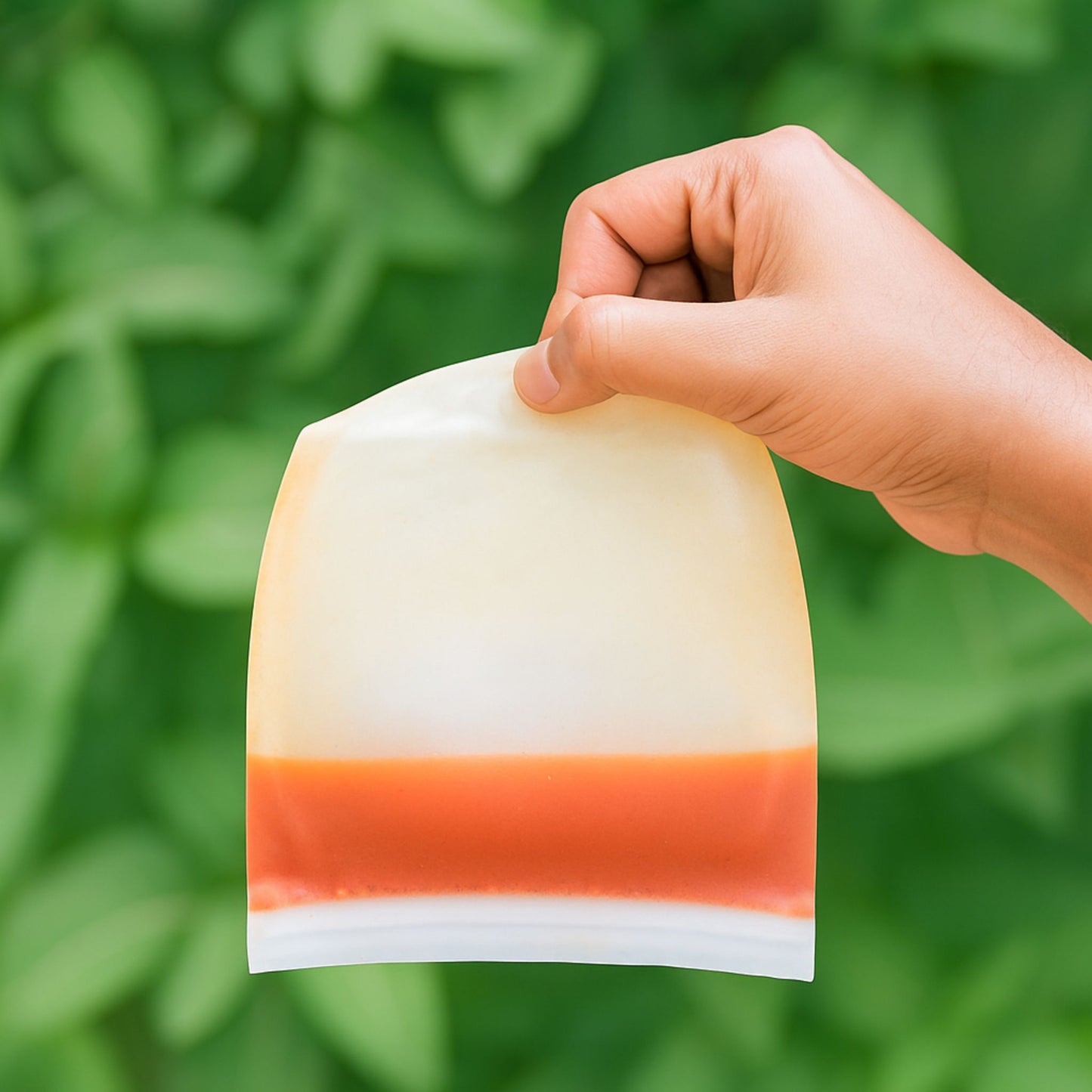 ZipNow Silicone Smart Bag showing leakproof feature with orange liquid