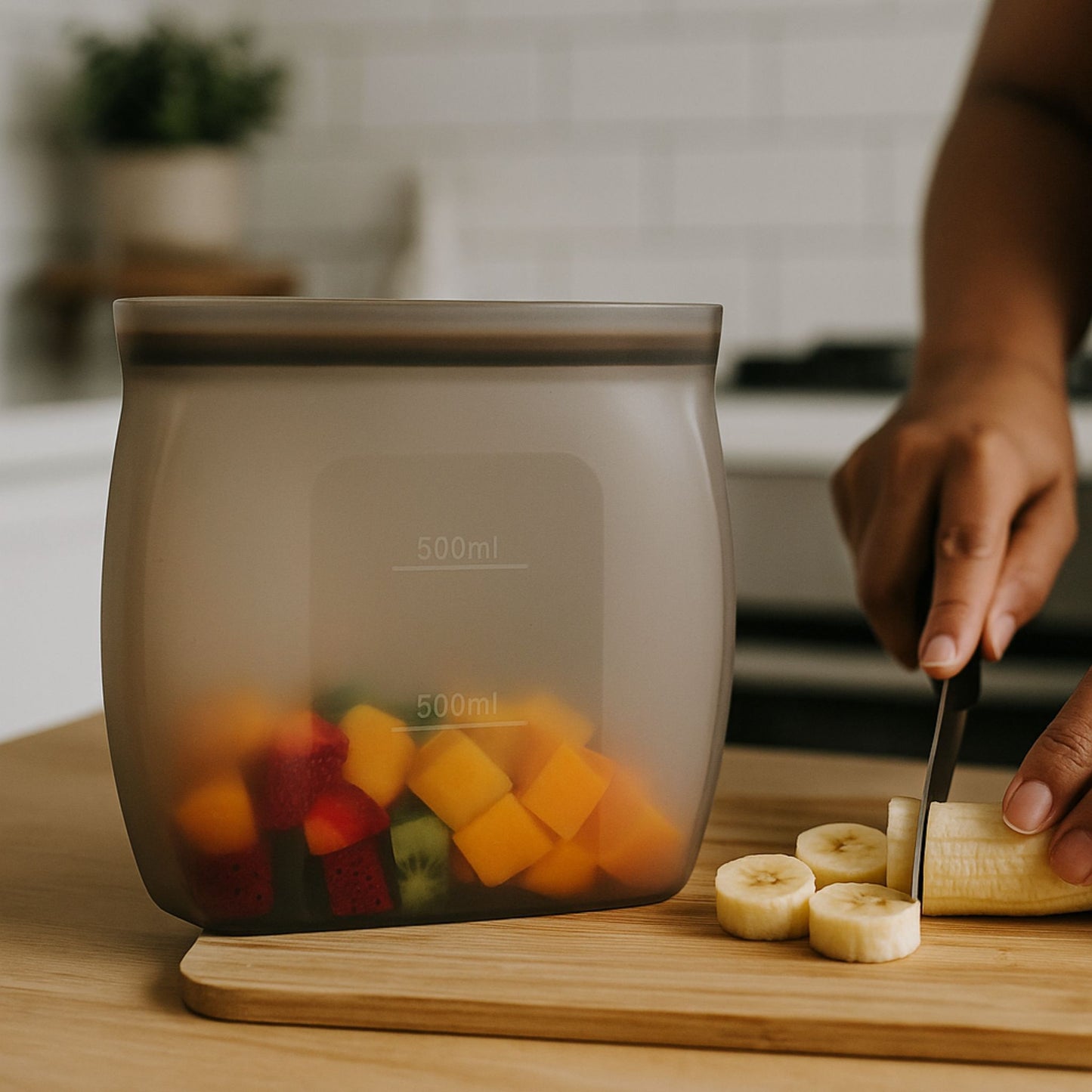Chopped fruits stored in ZipNow Silicone Smart Bag for healthy snacking