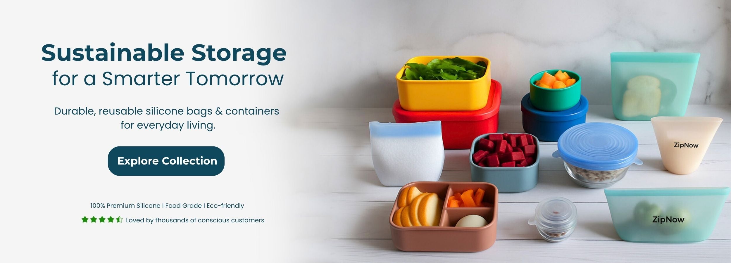 ZipNow sustainable storage banner featuring silicone bags, lunchboxes, containers, and stretch lids with tagline "Sustainable Storage for Smarter Tomorrow" — showcasing durable, reusable, food-grade silicone products for everyday living.