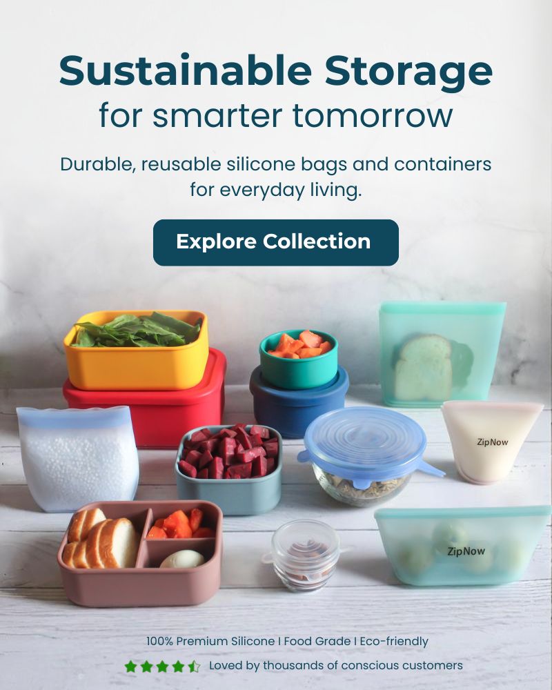 ZipNow sustainable storage banner featuring silicone bags, lunchboxes, containers, and stretch lids with tagline "Sustainable Storage for Smarter Tomorrow" — showcasing durable, reusable, food-grade silicone products for everyday living.