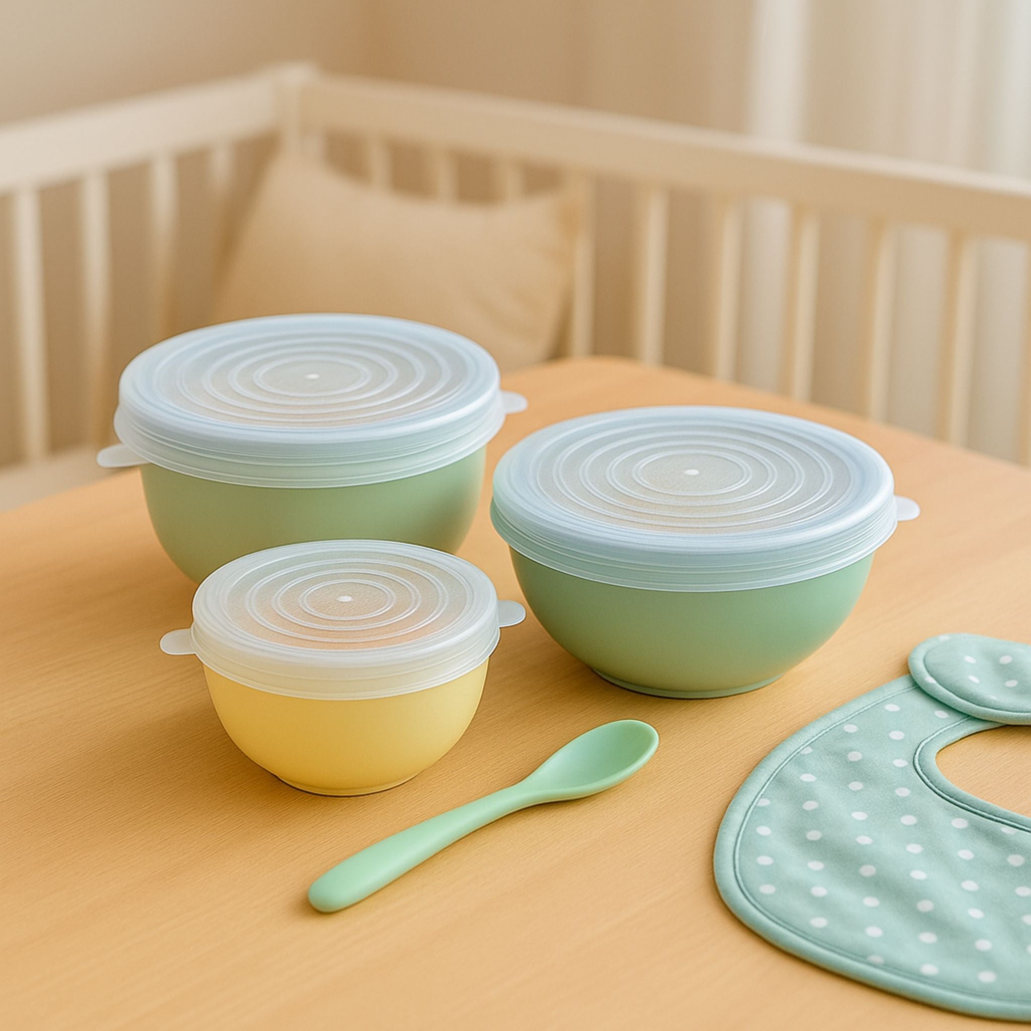 Soft pastel-colored bowls with ZipNow stretch lids on a baby table setup, ideal for baby food storage and toddler feeding routines.
