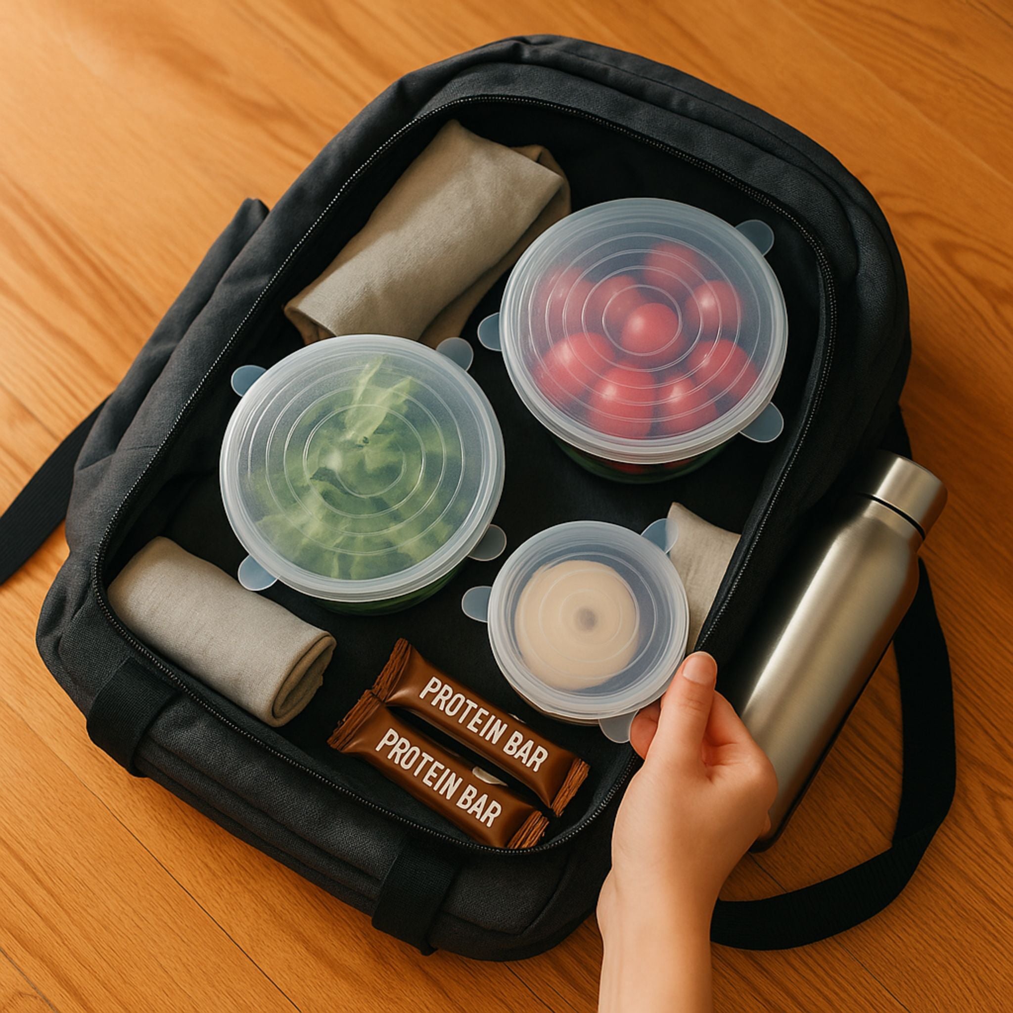 A neatly packed backpack containing four ZipNow silicone stretch lids on glass bowls filled with fresh greens, cherry tomatoes, and dips — perfect for organized meal prep and travel.
