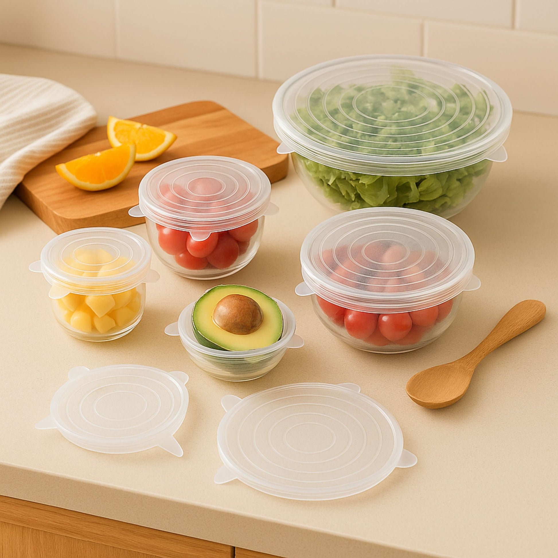 A colorful countertop display of six glass bowls sealed with ZipNow silicone stretch lids, filled with tomatoes, lettuce, cheese, and avocado — ideal for fridge storage.
