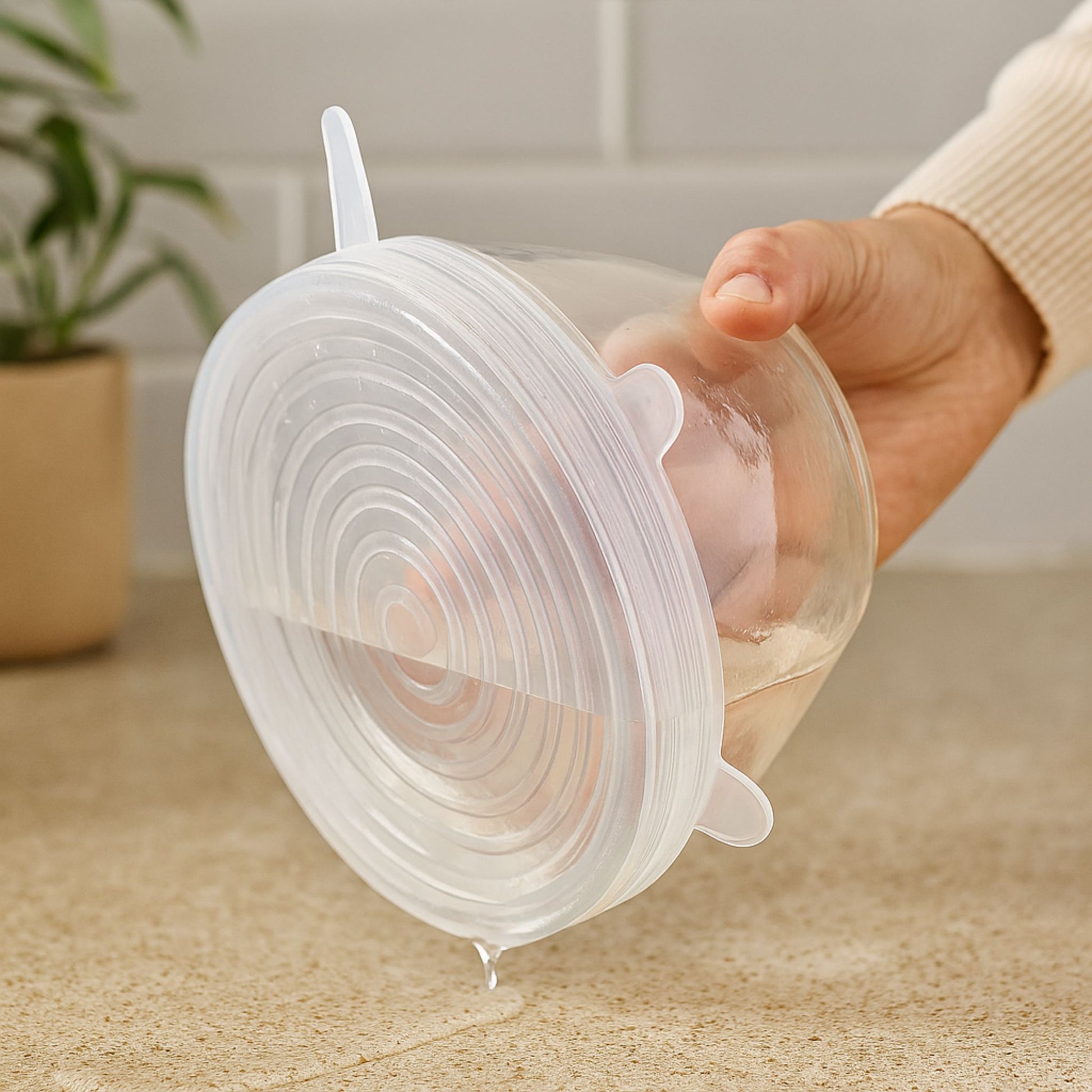A person tilting a sealed glass bowl filled with water upside down, demonstrating the leakproof seal of a ZipNow silicone stretch lid.
