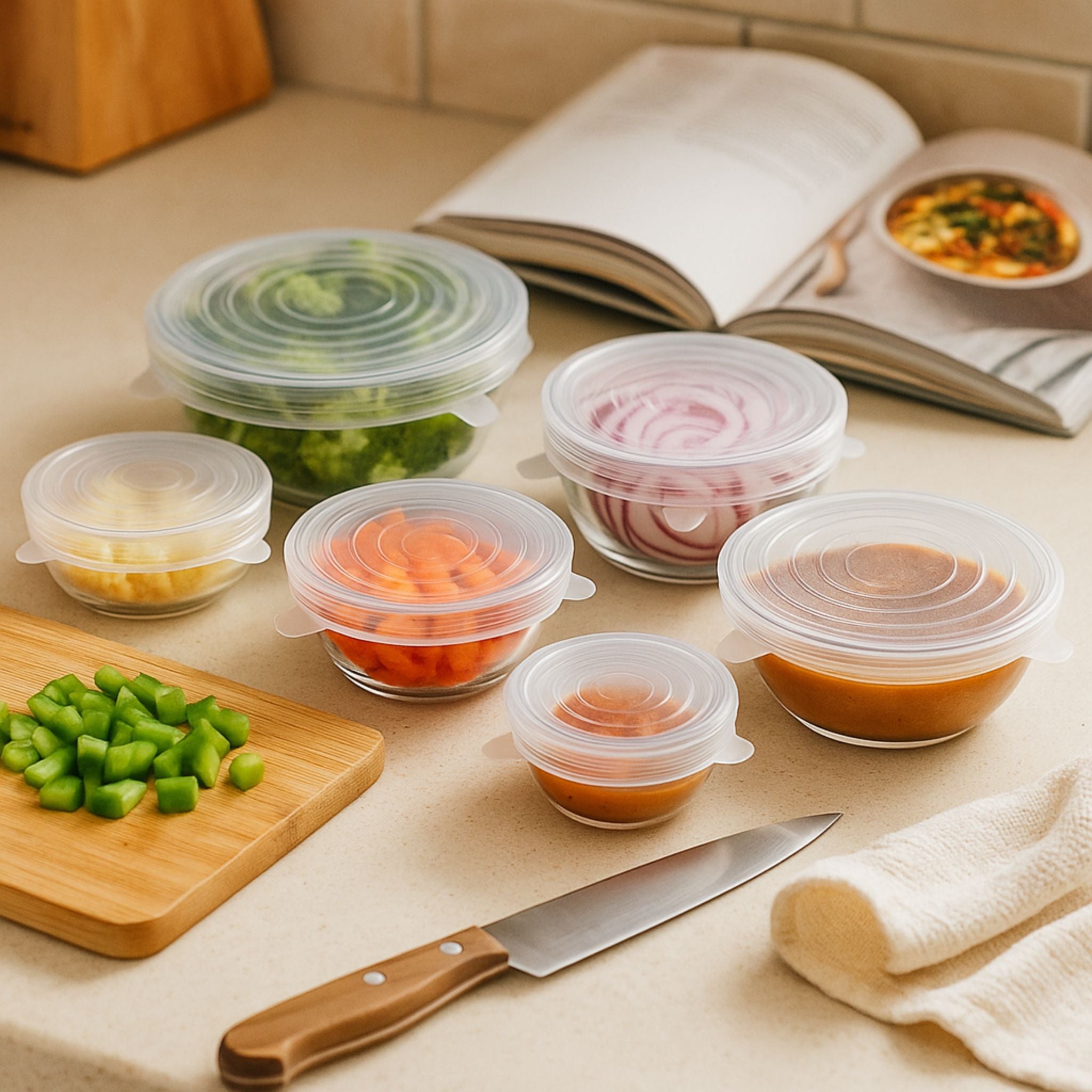 A complete meal prep setup with seven ZipNow stretch lids sealing bowls filled with chopped vegetables and soups, displayed on a kitchen counter next to a knife and cookbook.
