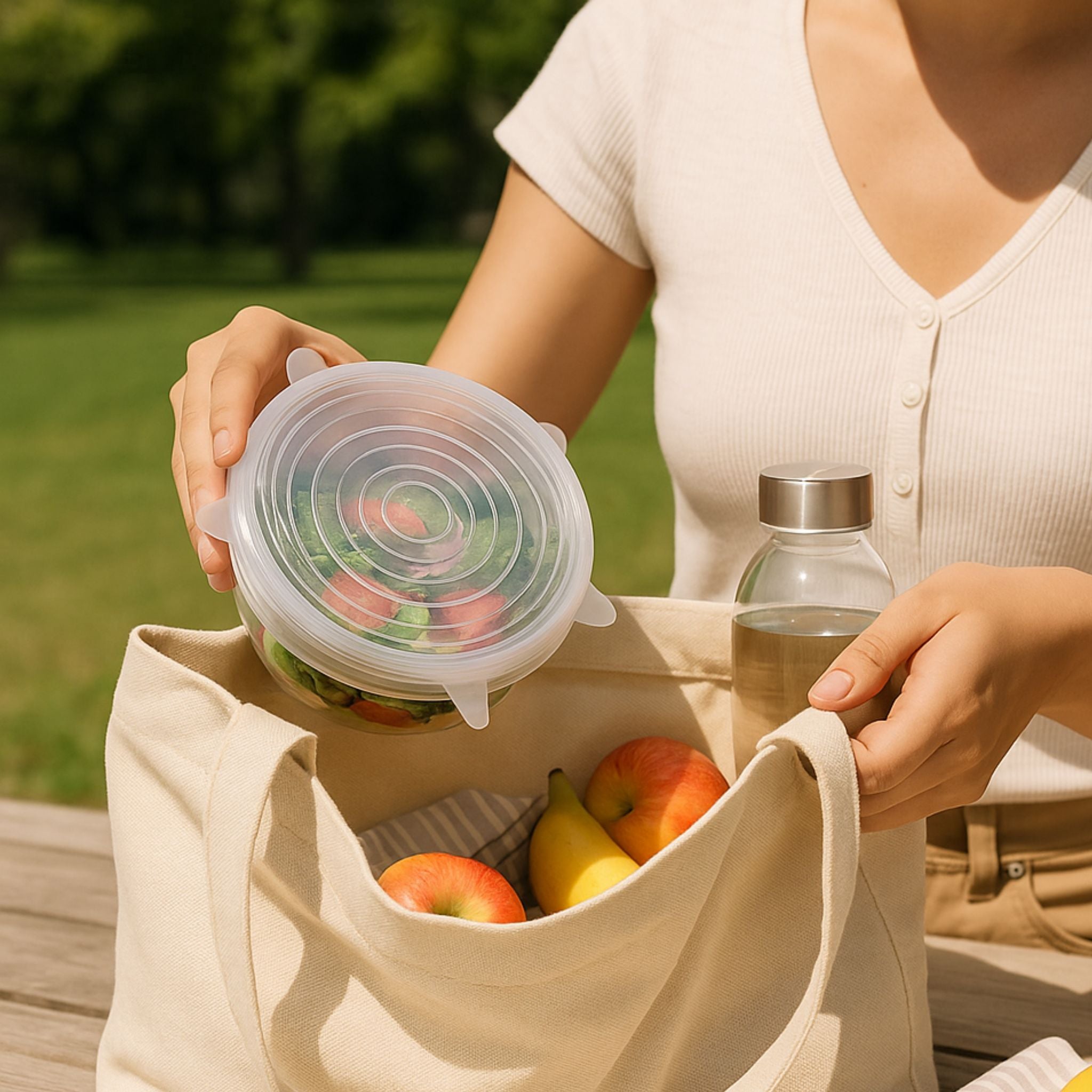 A woman placing a glass bowl covered with a ZipNow silicone stretch lid into a beige tote bag filled with fruits and a glass water bottle — ideal for carrying fresh snacks on the go.
