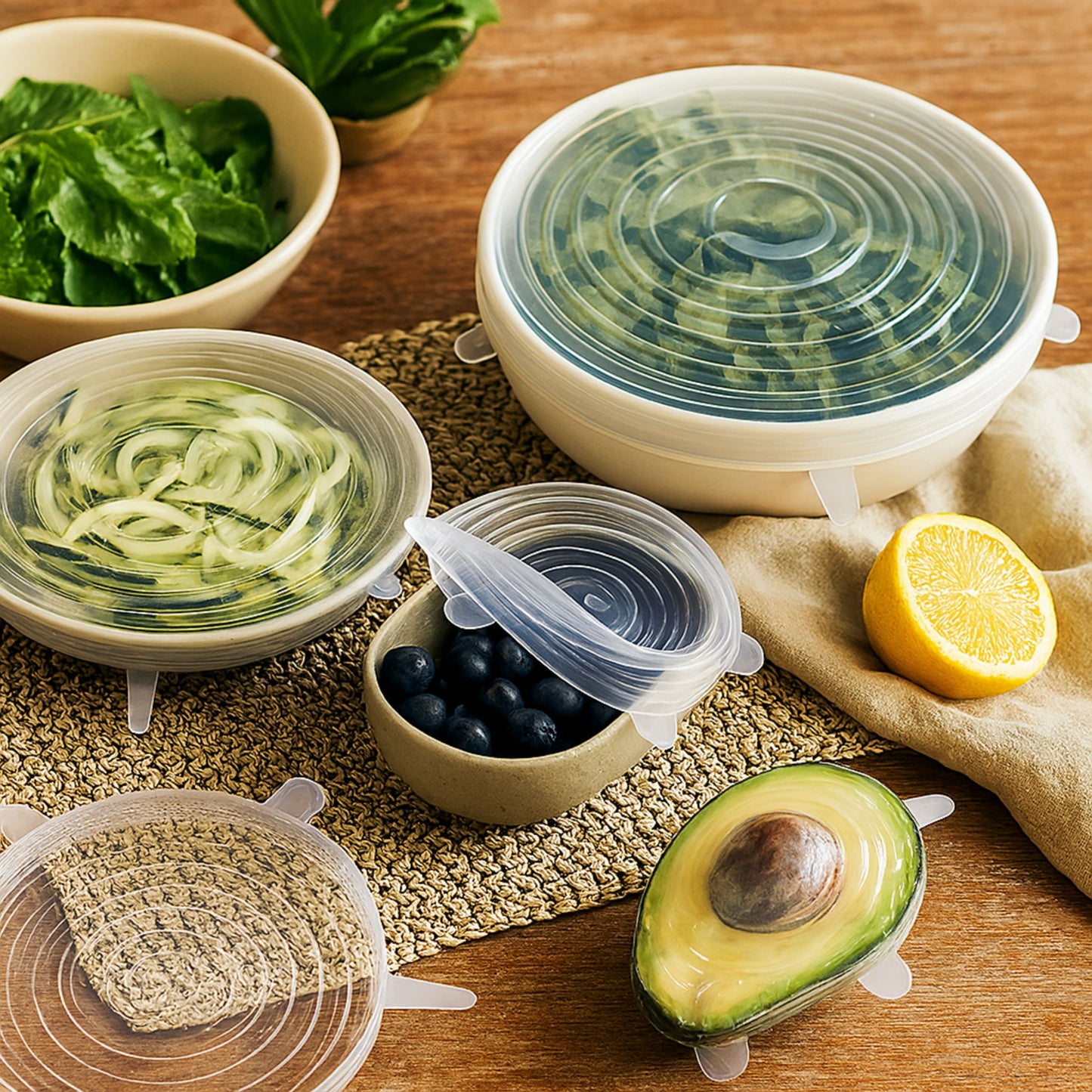 A rustic kitchen setup featuring silicone stretch lids sealing bowls of greens, blueberries, and zucchini spirals, including one lid on a halved avocado.
