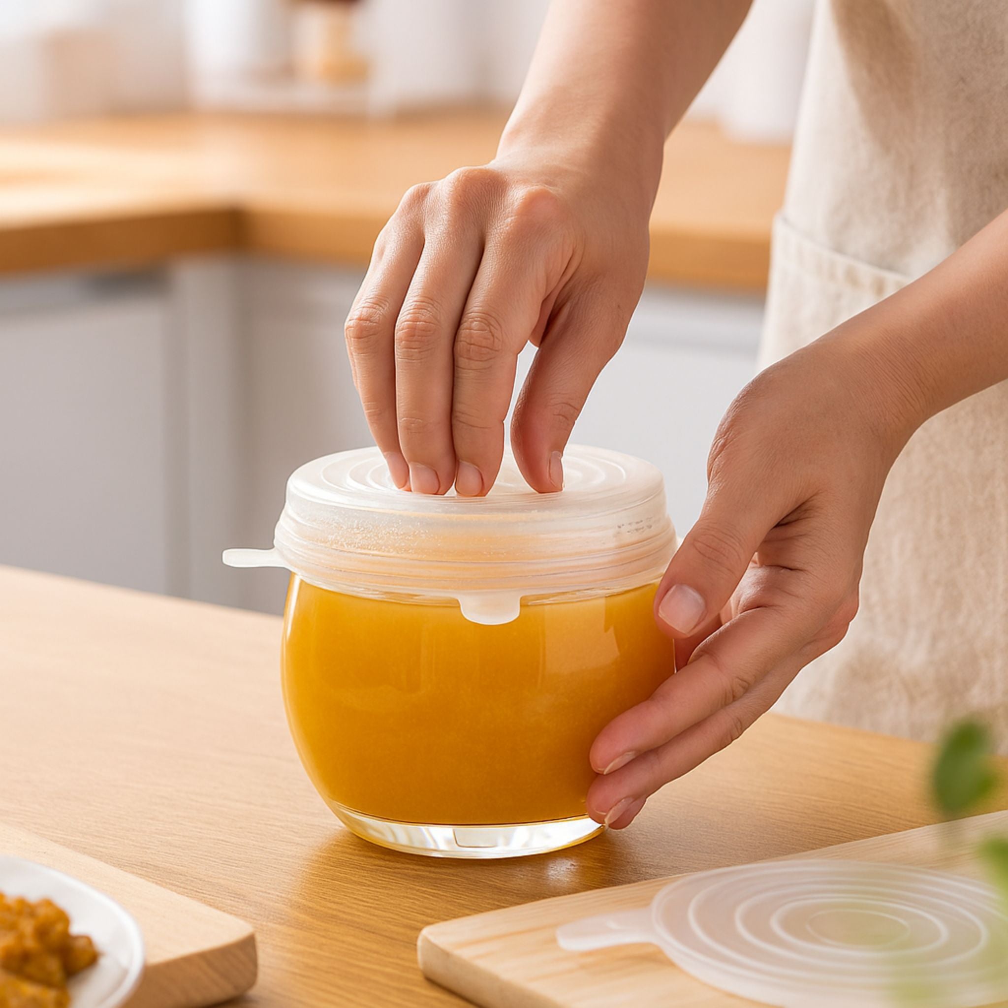 A person sealing a round glass bowl of orange juice using a transparent ZipNow silicone stretch lid on a wooden kitchen counter.
