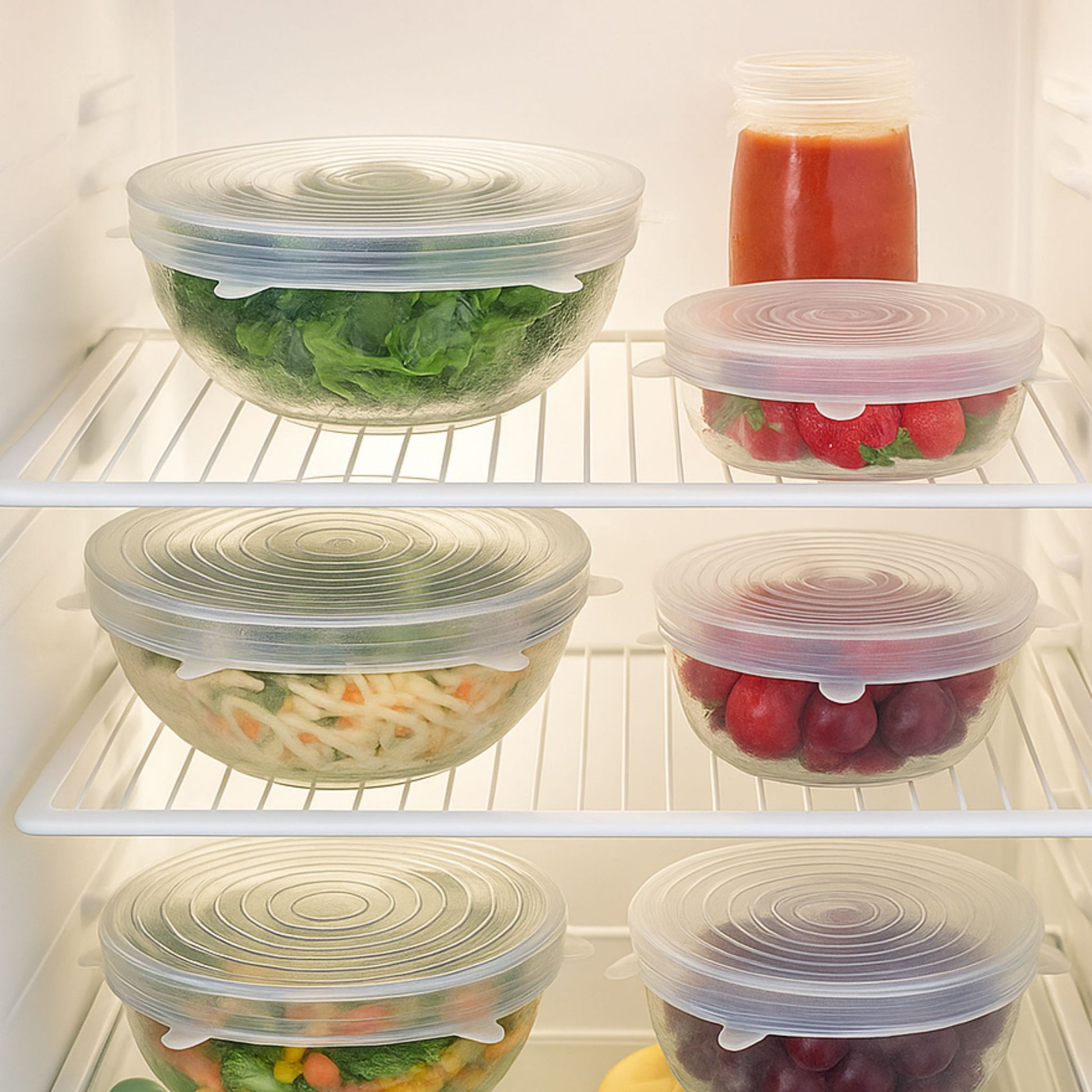Multiple bowls sealed with ZipNow transparent stretch lids in a fridge
