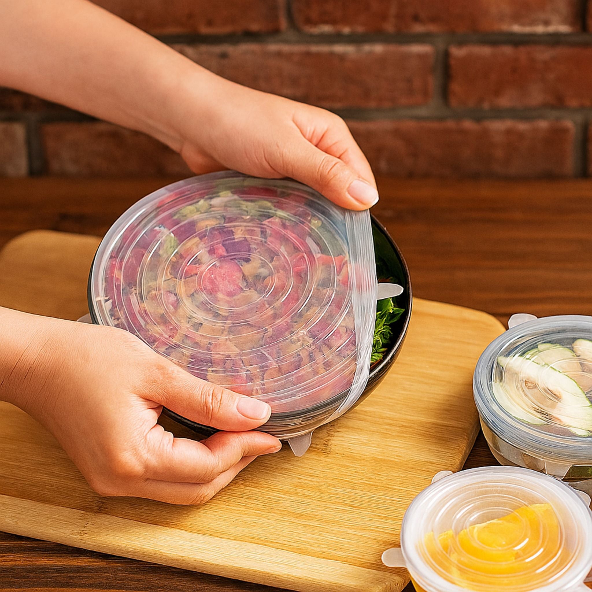 ZipNow transparent silicone stretch lid being placed on a bowl by hand
