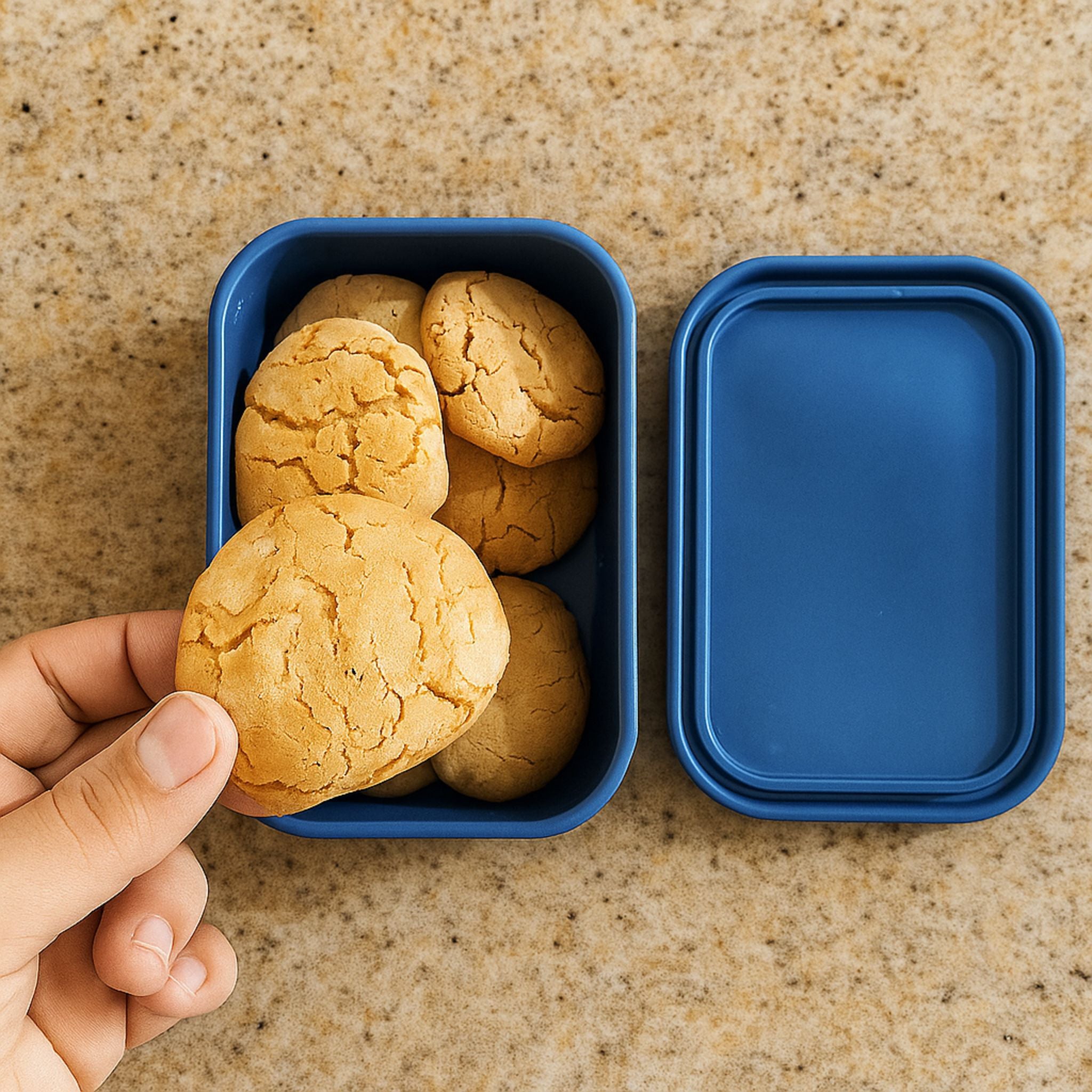 ZipNow blue silicone container holding freshly baked cookies
