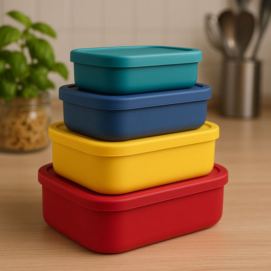 Stack of colorful ZipNow silicone containers in red, yellow, blue, and teal, neatly arranged on a kitchen counter.
