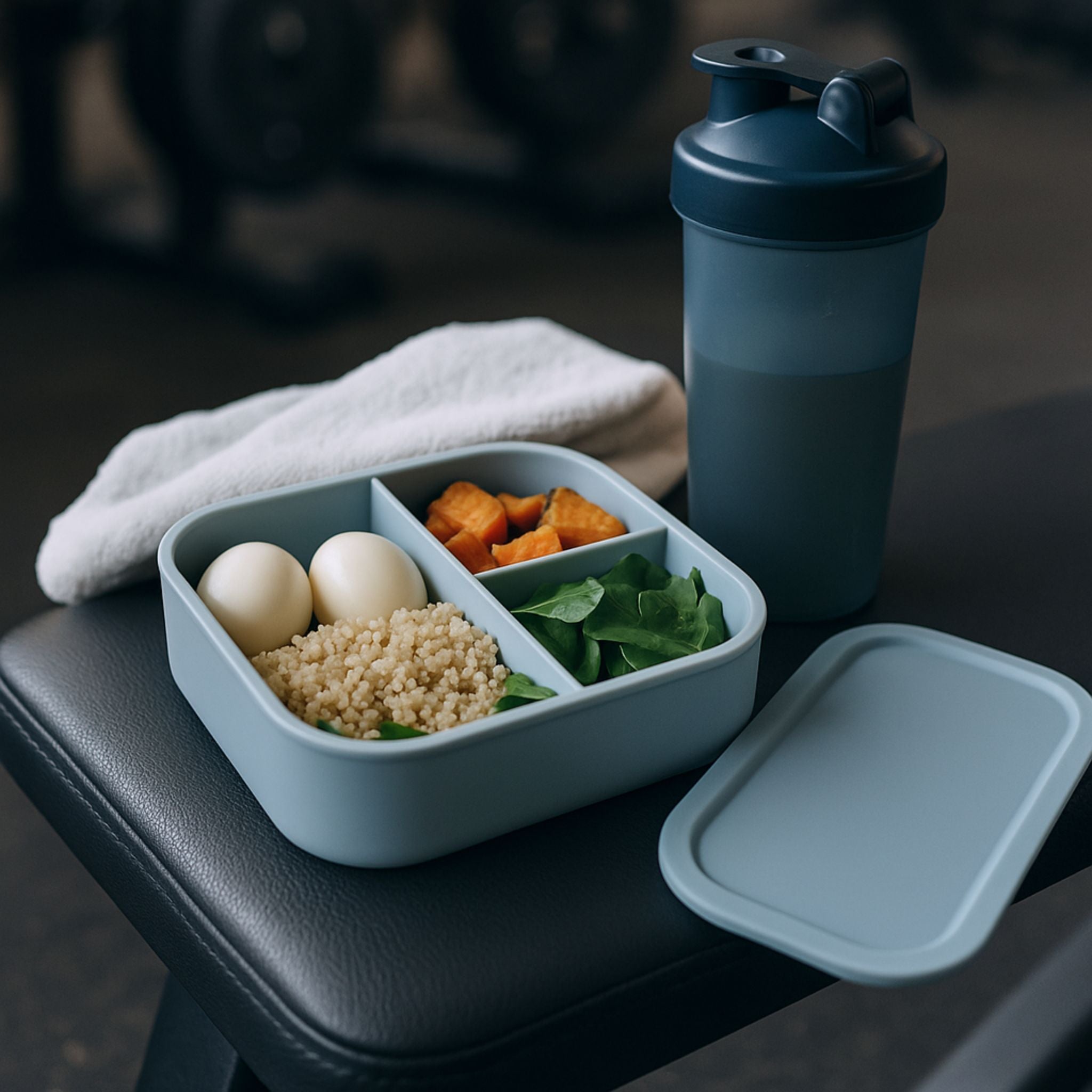 A greyish-blue ZipNow silicone lunchbox filled with boiled eggs, greens, and grains placed on a gym bench with a shaker bottle.
