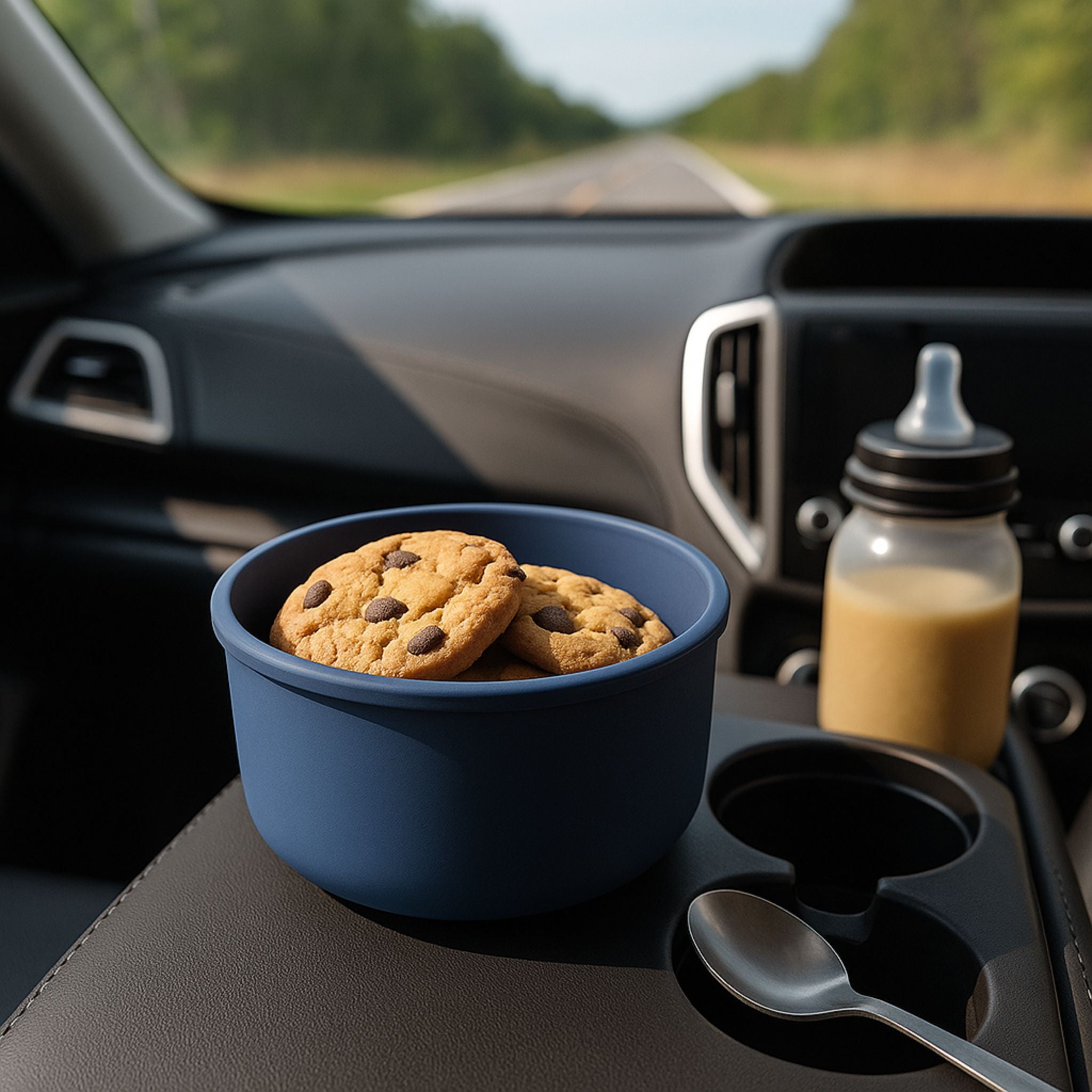 Blue round silicone container with chocolate chip cookies placed on a car armrest, ideal for travel snacking
