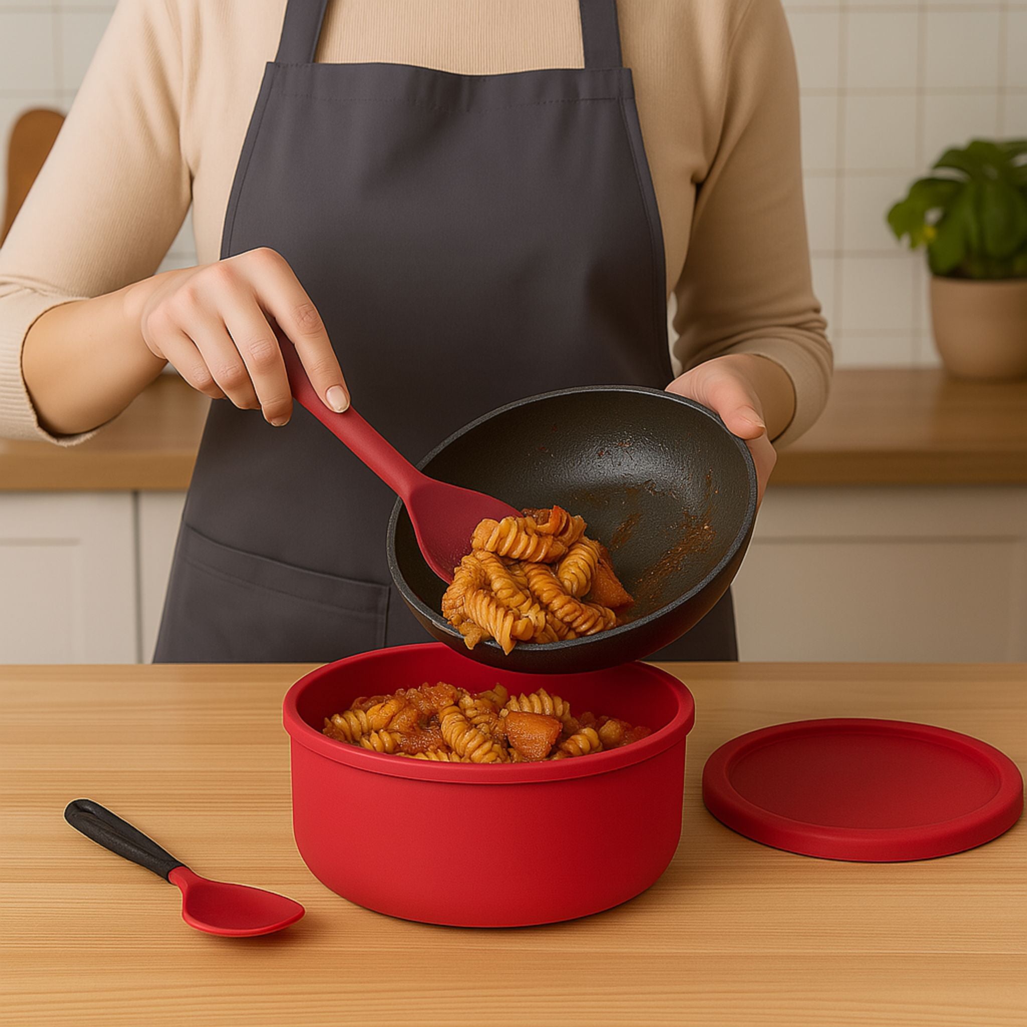 Red round silicone container being filled with hot pasta directly from a pan, ideal for cooking and storage
