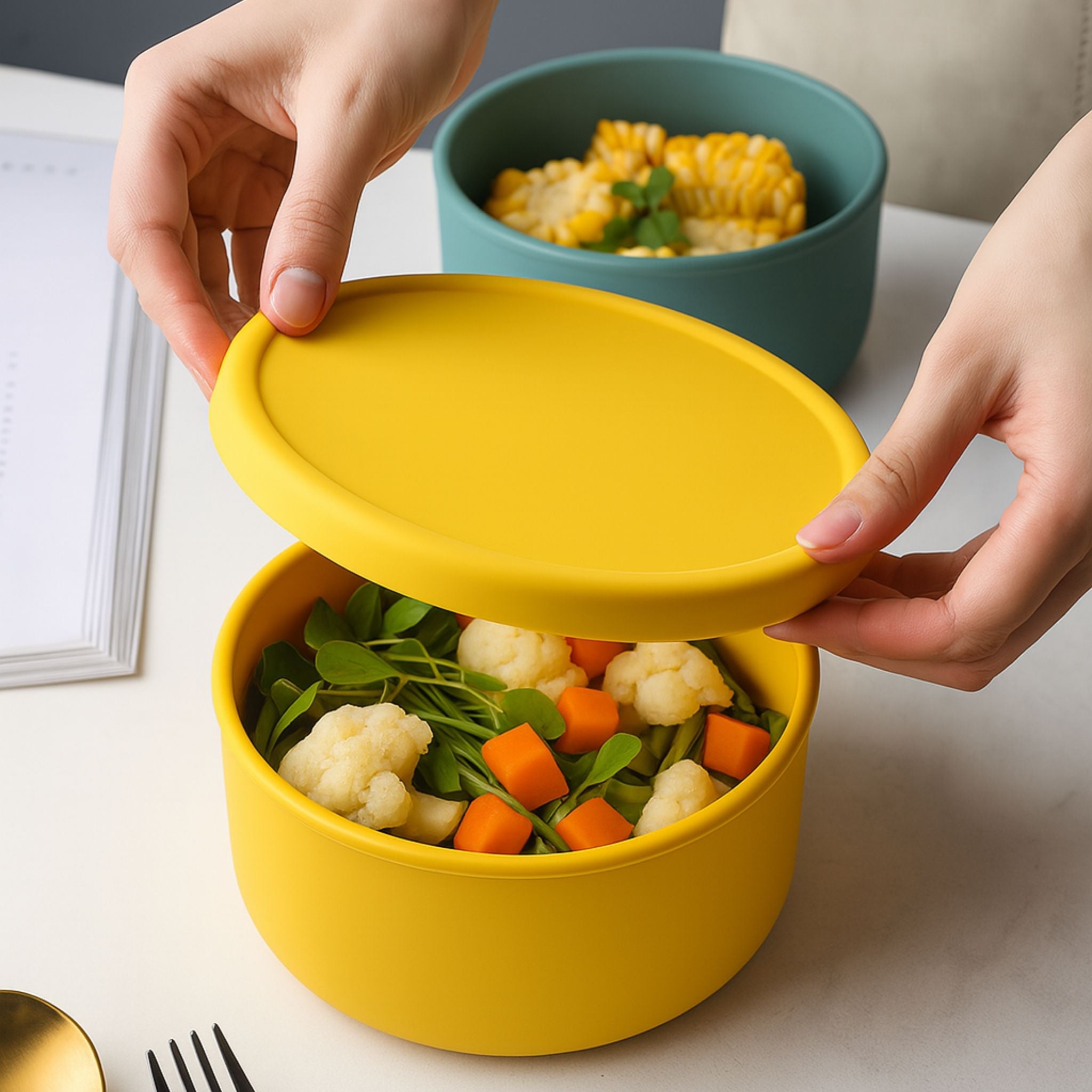 Yellow round silicone container being closed after filling with fresh vegetables and salad for a healthy meal
