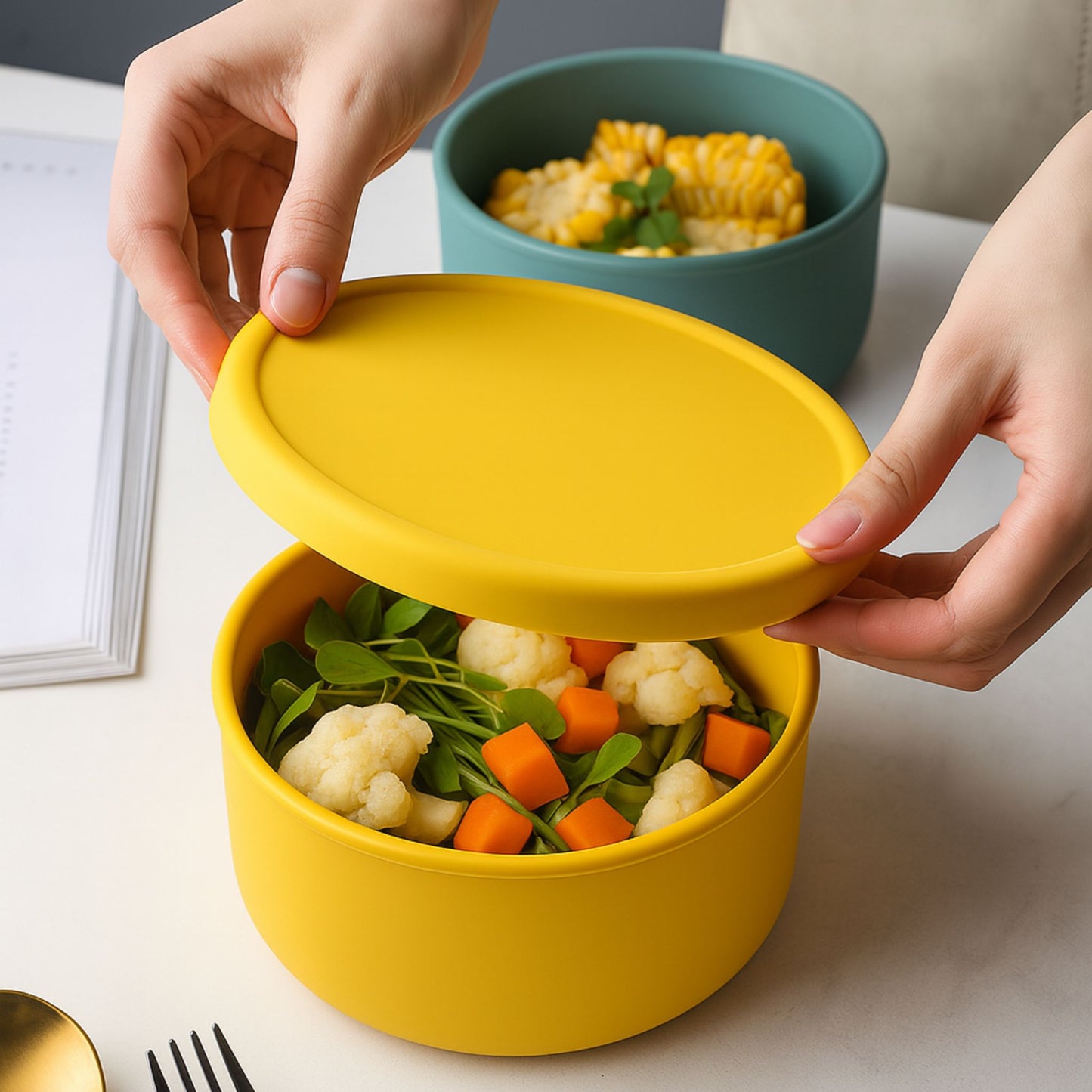 Yellow round silicone container being closed after filling with fresh vegetables and salad for a healthy meal
