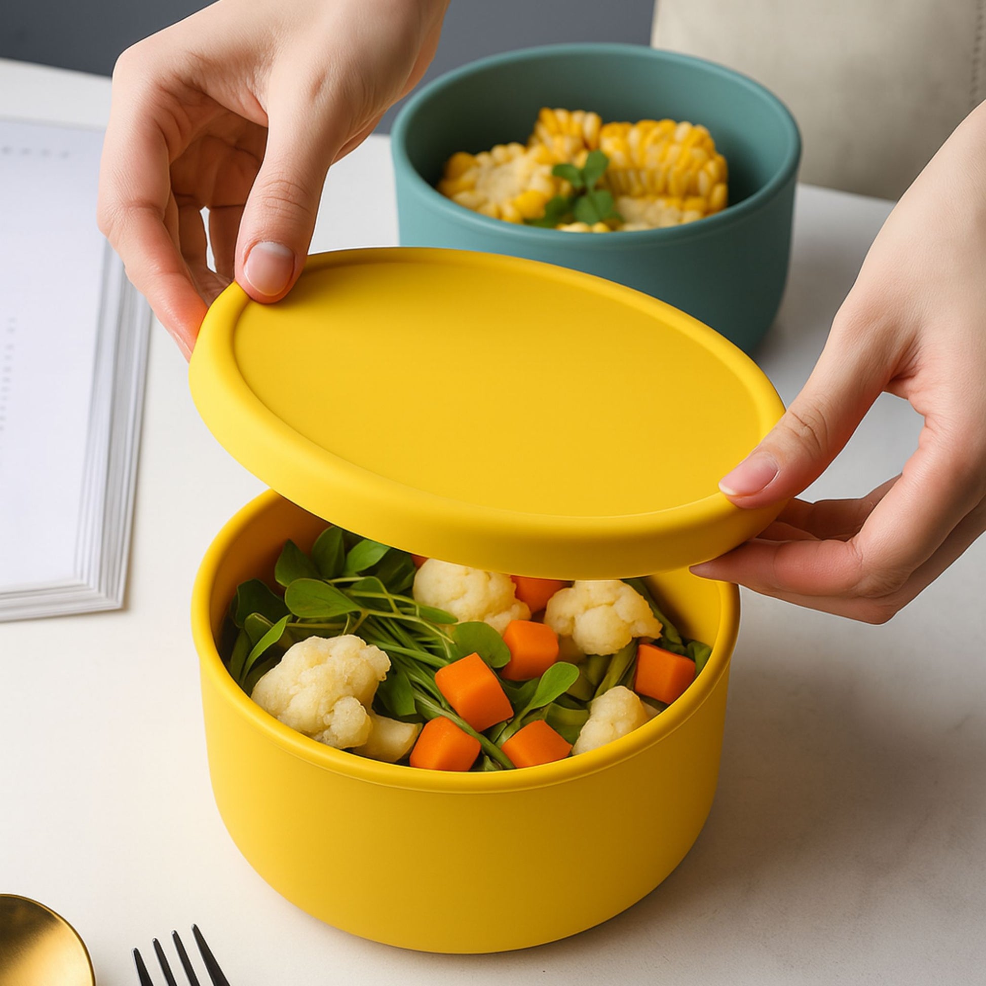Yellow round silicone container being closed after filling with fresh vegetables and salad for a healthy meal
