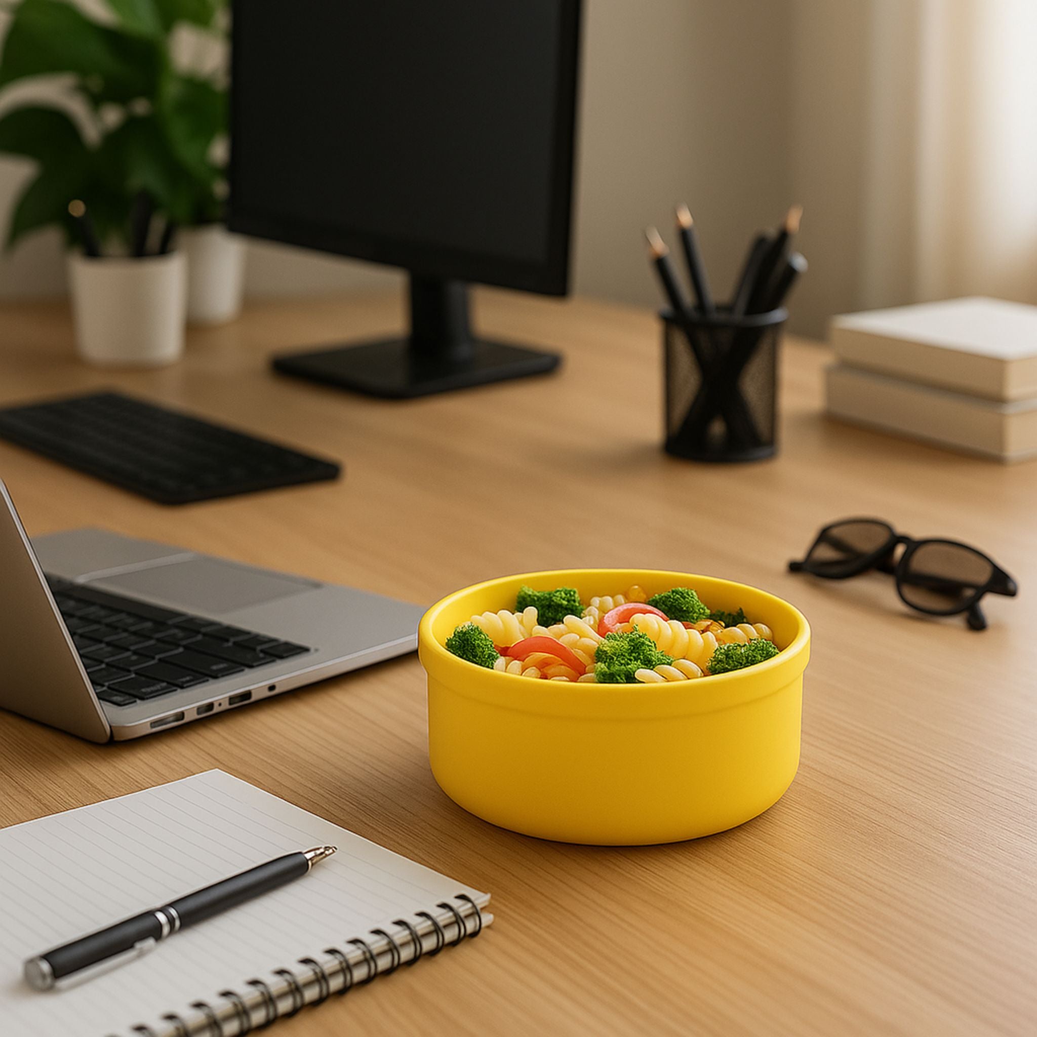 Yellow round silicone container with pasta and veggies placed on an office desk near a laptop and notebook
