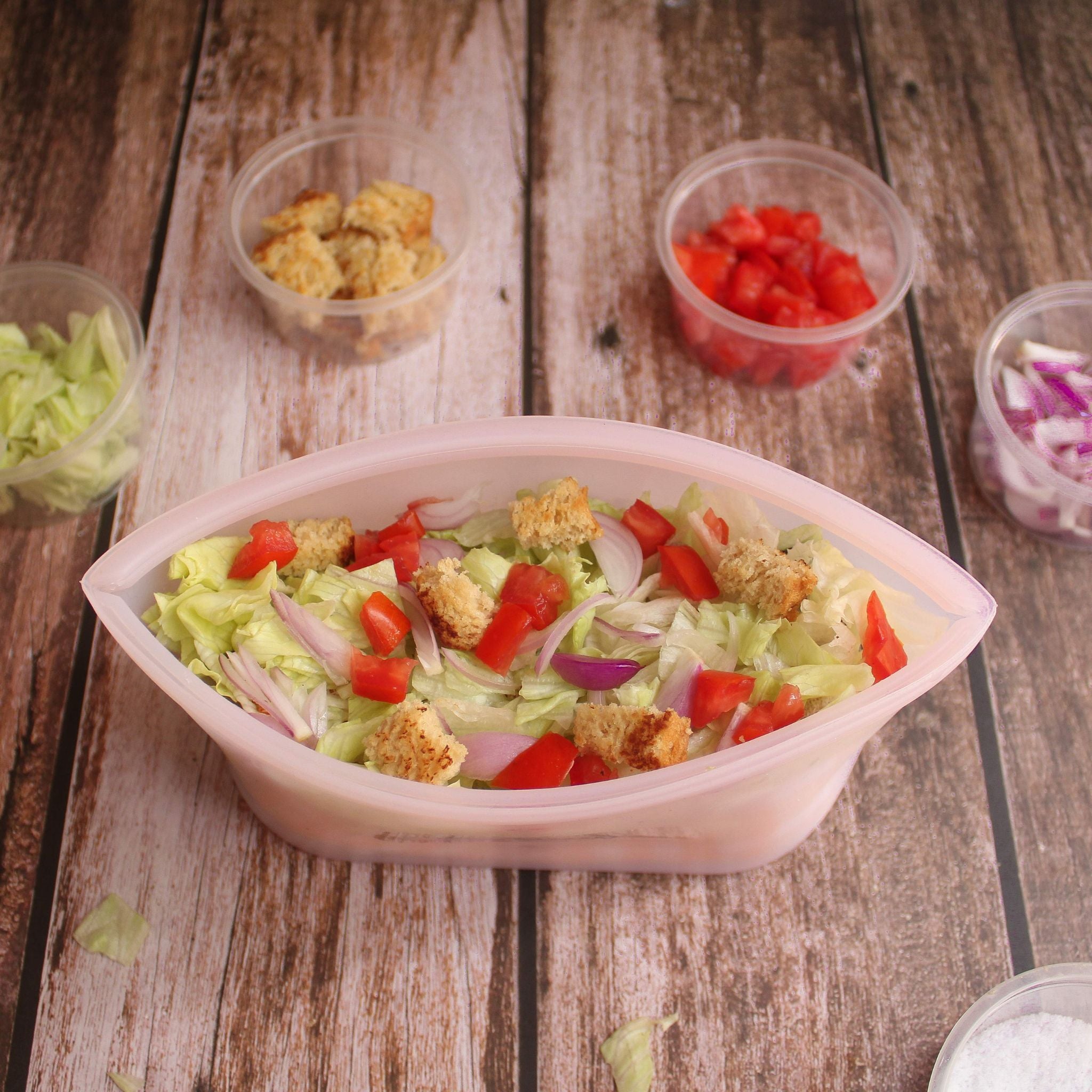 ZipNow Silicone Lifestyle Bag filled with salad, ideal for healthy meal prep