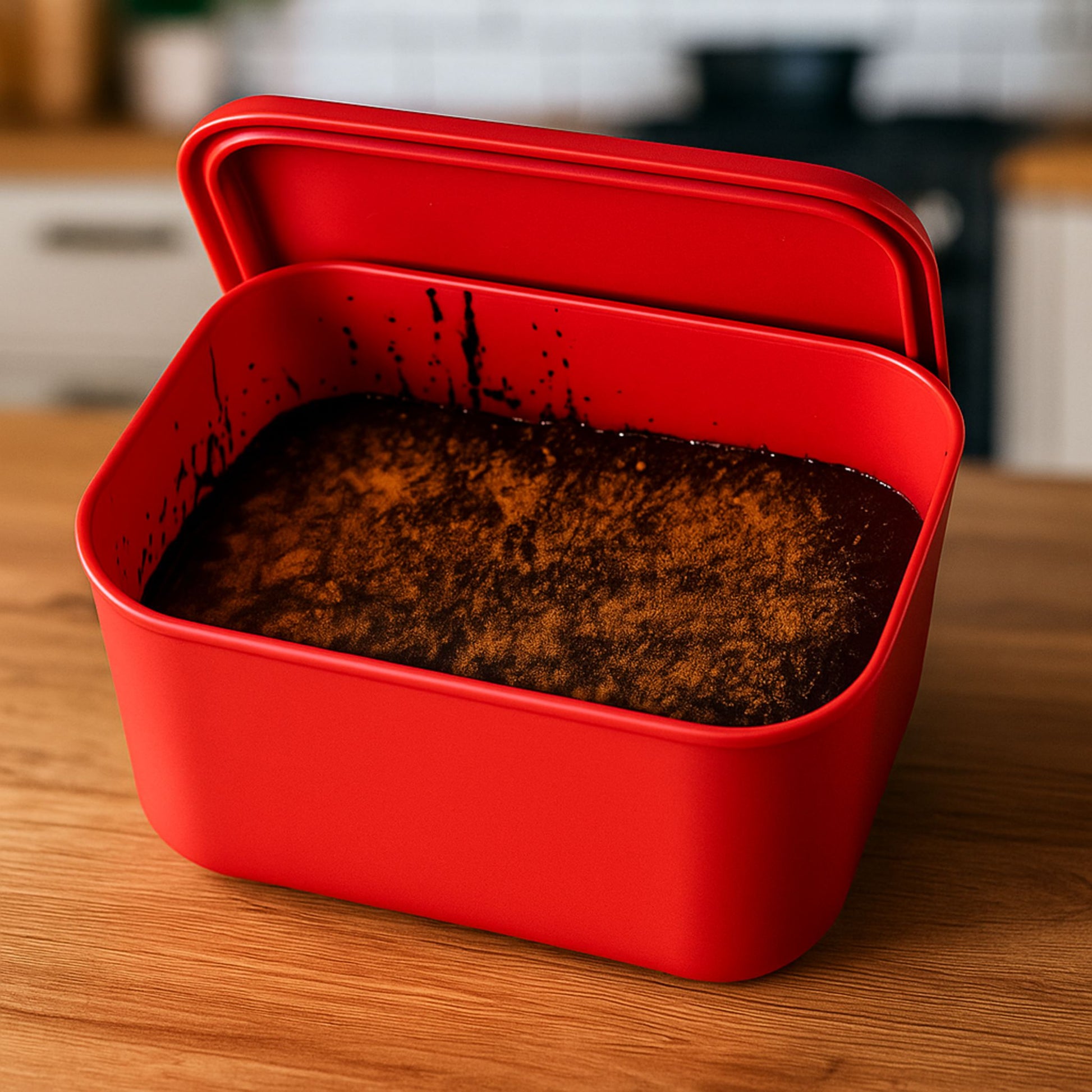 Red ZipNow Silicone Container used for pouring brownie batter – oven safe and flexible
