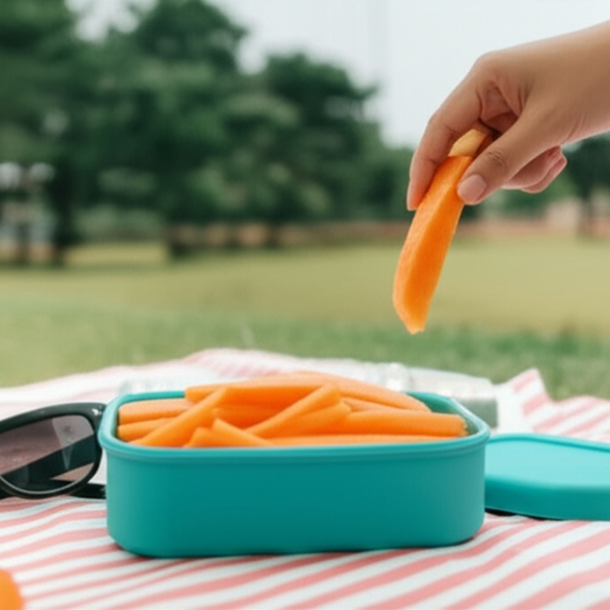 Reusable ZipNow Silicone Rectangle Container perfect for picnic snack storage – lightweight and portable
