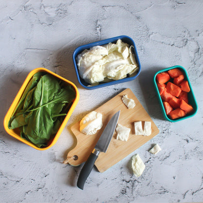 ZipNow Silicone Rectangle Containers used for storing vegetables like cabbage, spinach, and papaya
