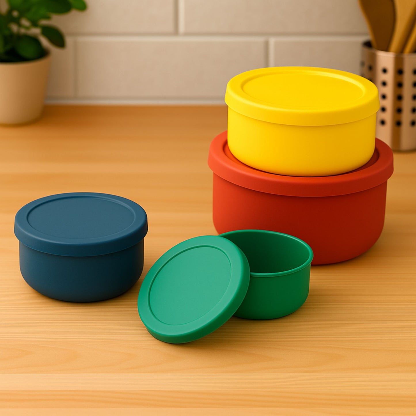 ZipNow silicone round containers in vibrant colors placed on a kitchen counter for multipurpose use.
