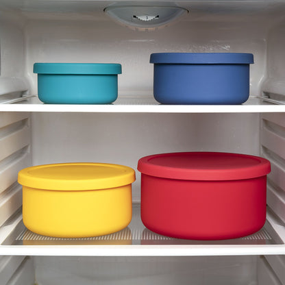 Silicone round containers in fridge storage – organized food storage with ZipNow’s colorful containers.
