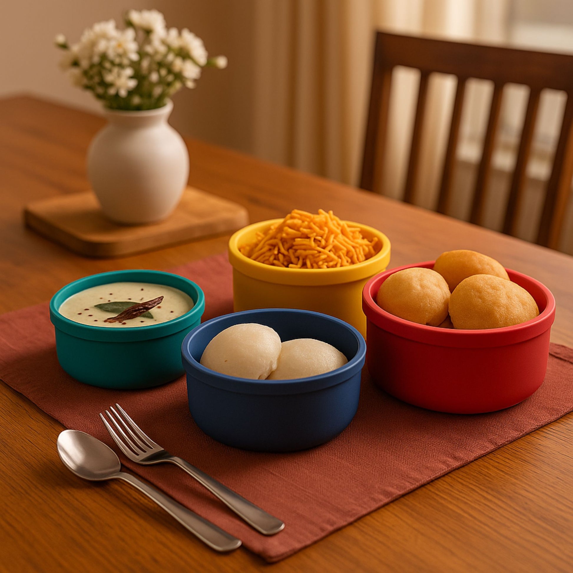 Silicone round containers serving Indian snacks and chutney on a dining table by ZipNow.
