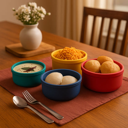 Silicone round containers serving Indian snacks and chutney on a dining table by ZipNow.
