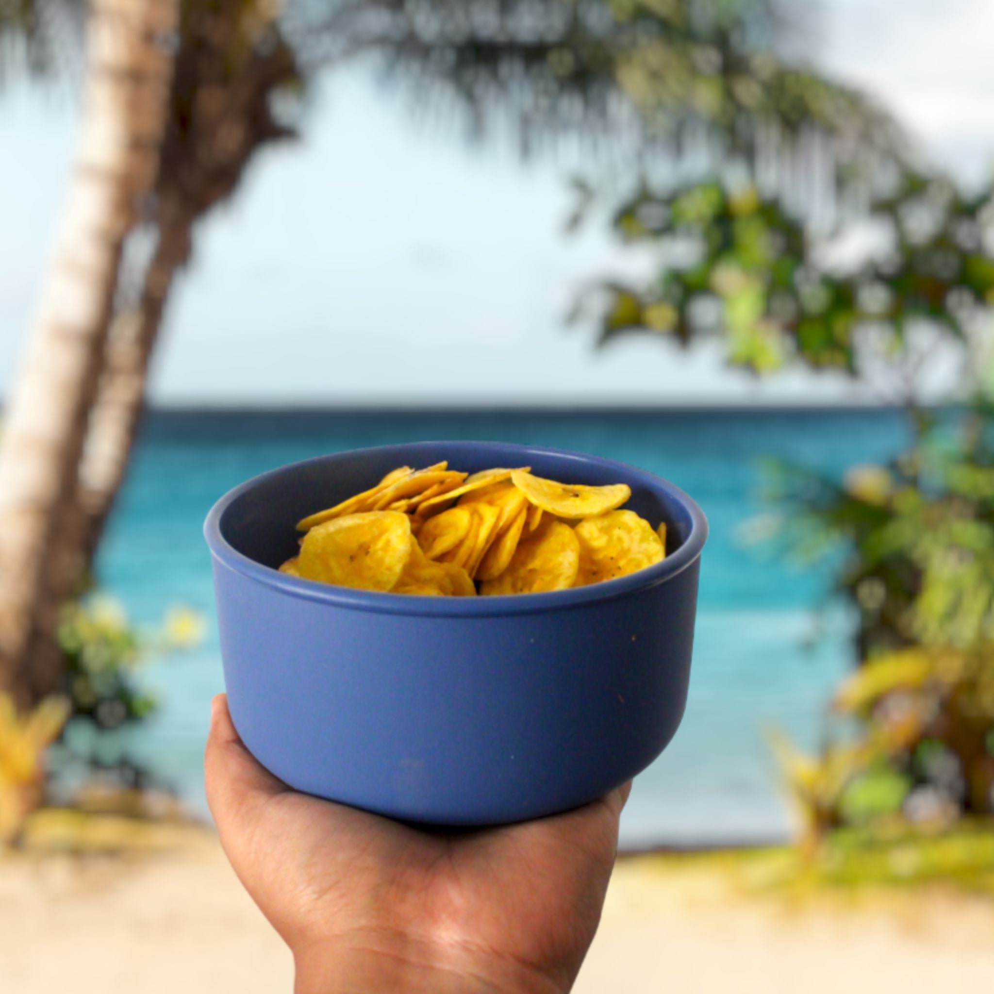 Hand holding a ZipNow silicone round container filled with chips near a beach—perfect for travel.
