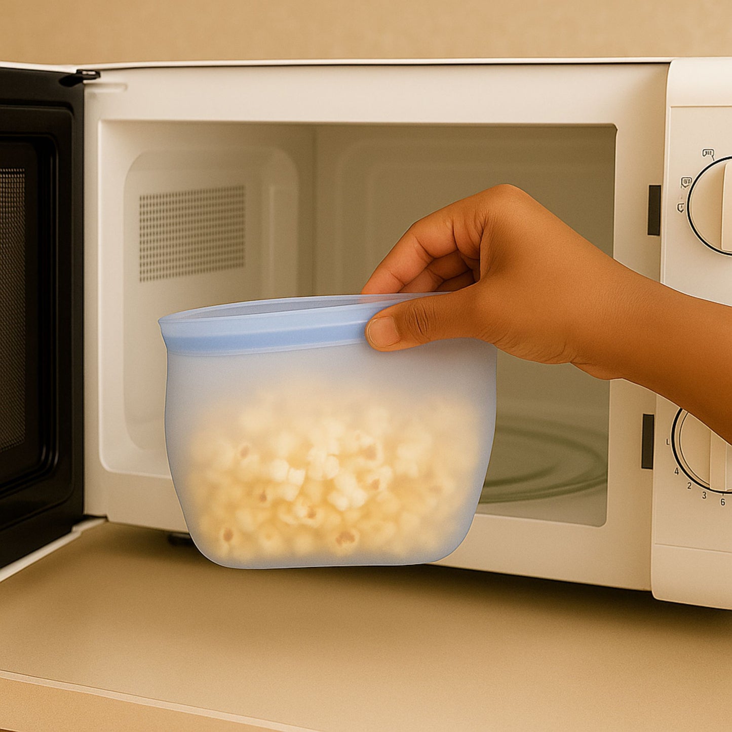 ZipNow silicone smart bag being used to heat popcorn in microwave – microwave-safe reusable bag
