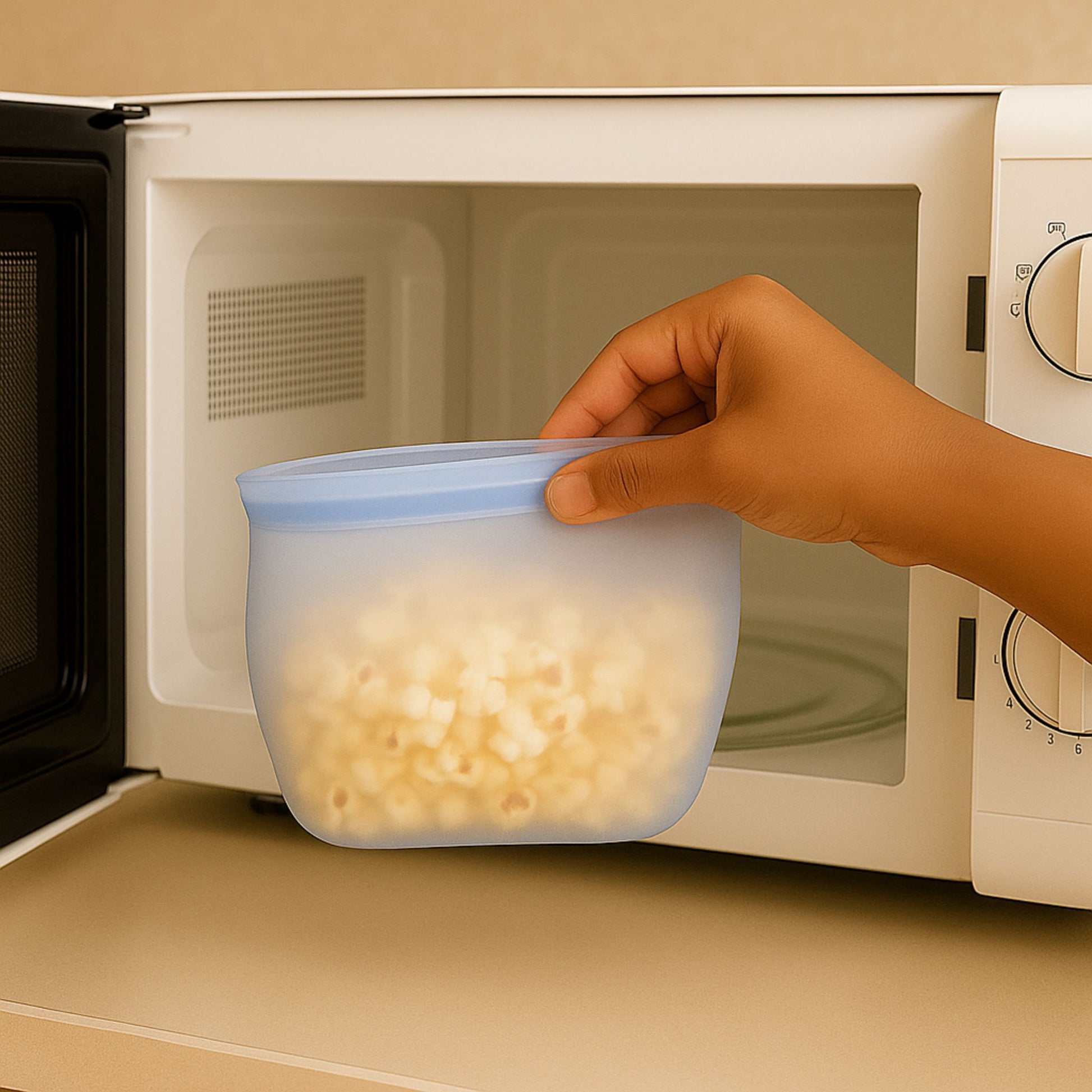 ZipNow silicone smart bag being used to heat popcorn in microwave – microwave-safe reusable bag
