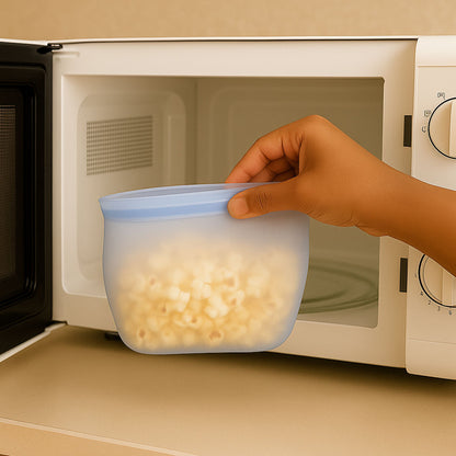ZipNow silicone smart bag being used to heat popcorn in microwave – microwave-safe reusable bag
