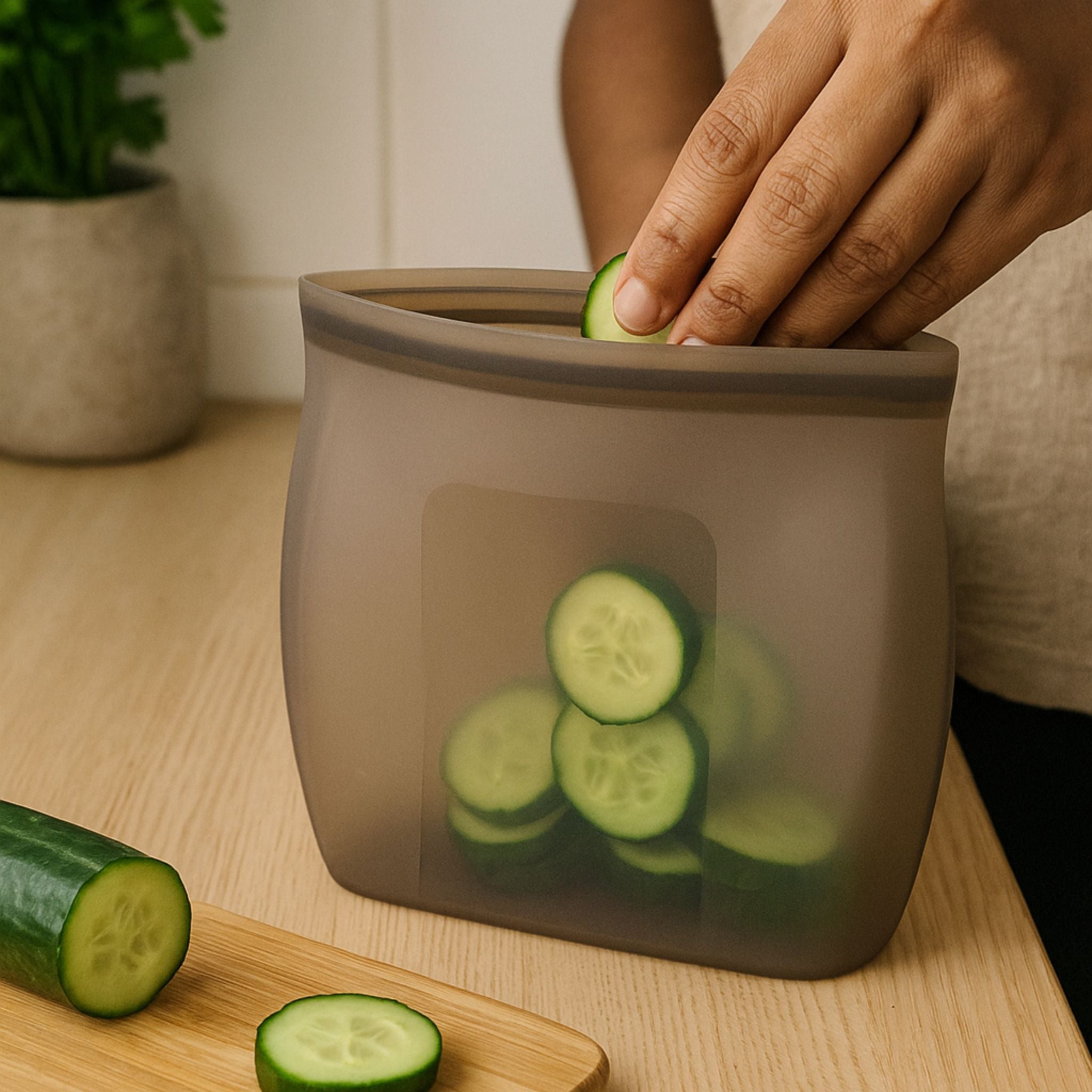 Person storing sliced cucumbers in ZipNow Silicone Smart Bag on kitchen countertop

