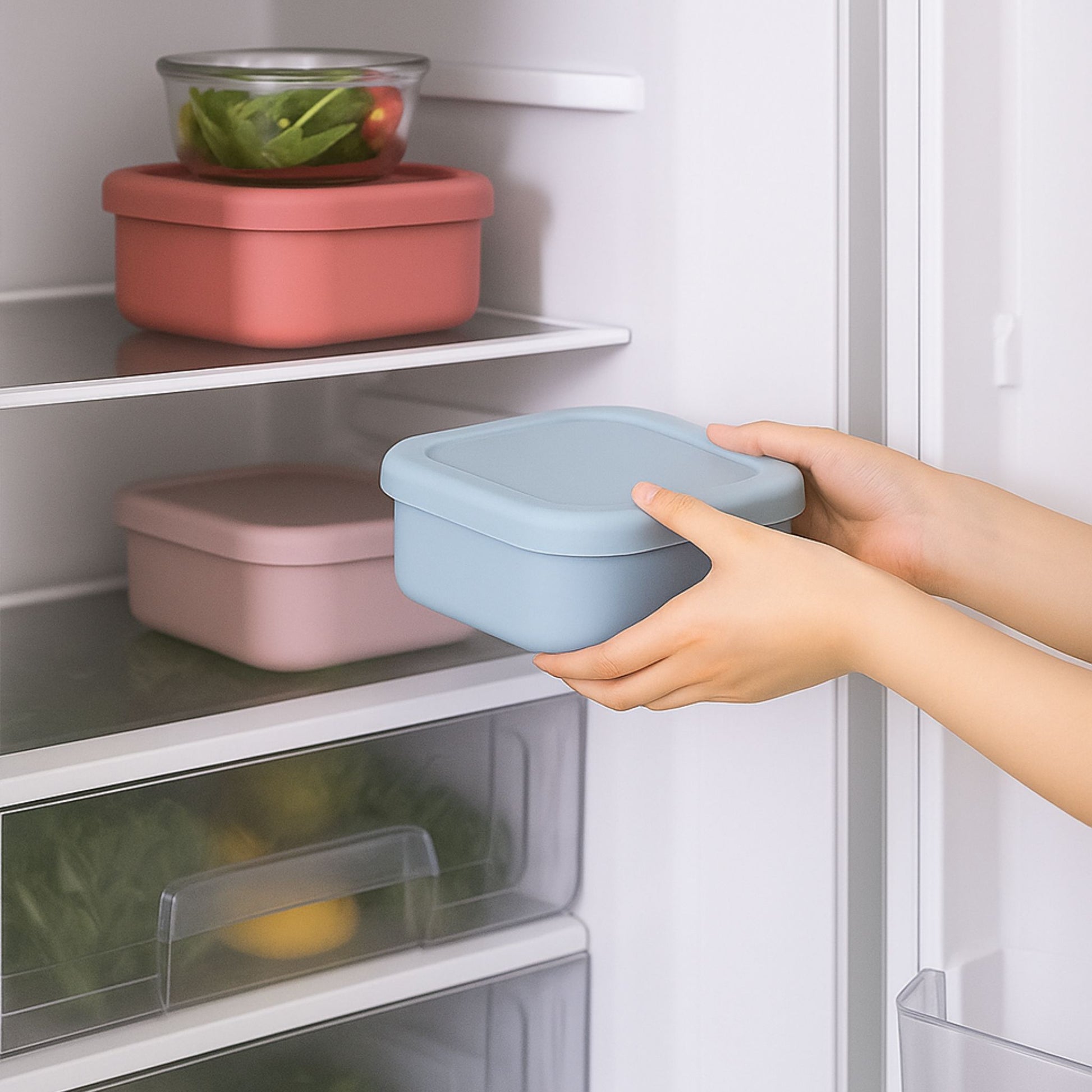 Storing silicone square containers in refrigerator shelf
