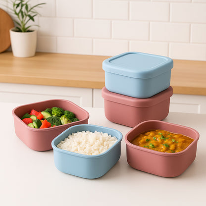 Multiple silicone square containers filled with rice, sabzi, and salad for lunch
