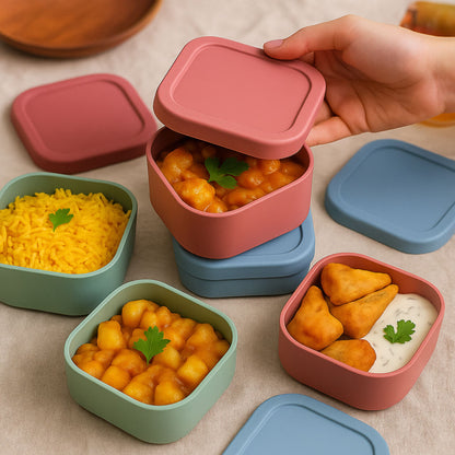 Colorful silicone containers filled with meal prep items like sabzi, rice, samosa
