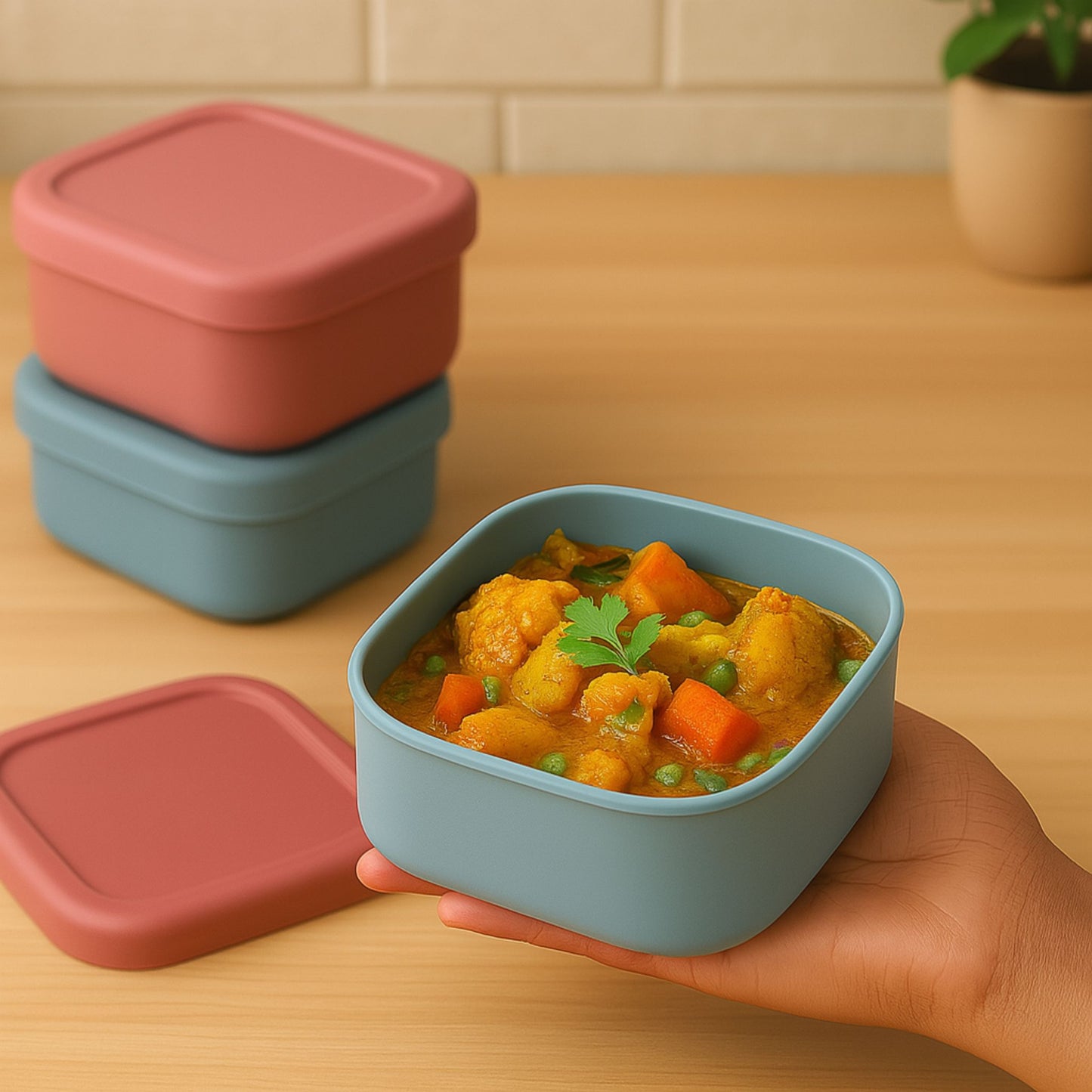 Hand holding silicone square container filled with vegetable curry
