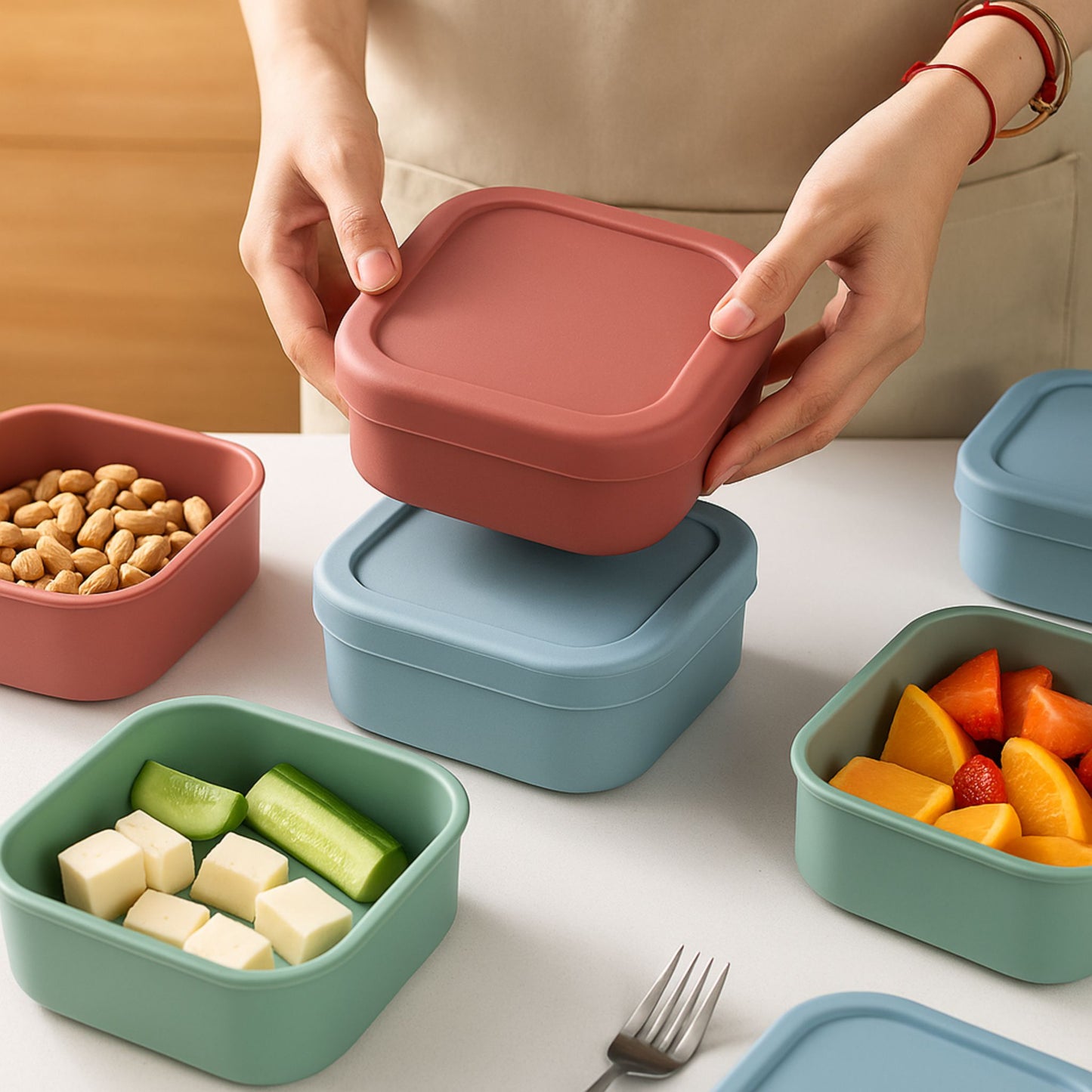 Assorted dry fruits and snacks stored in colorful silicone square containers
