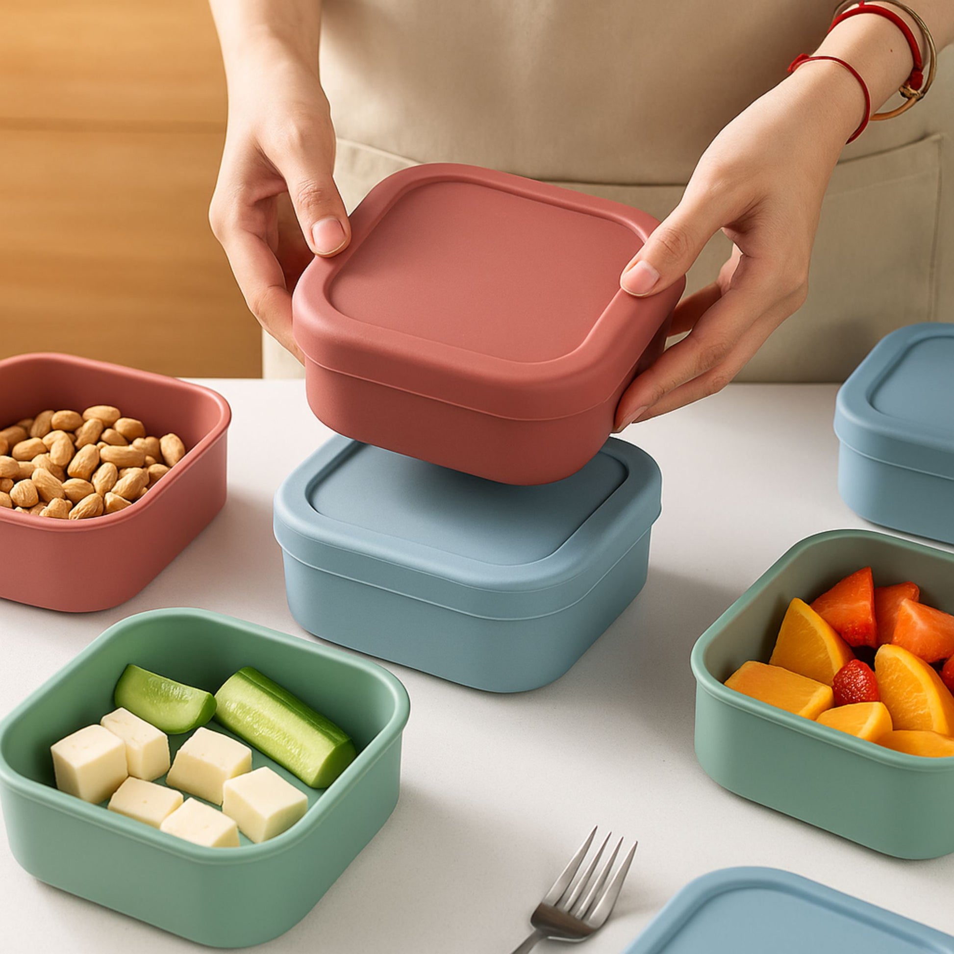 Assorted dry fruits and snacks stored in colorful silicone square containers
