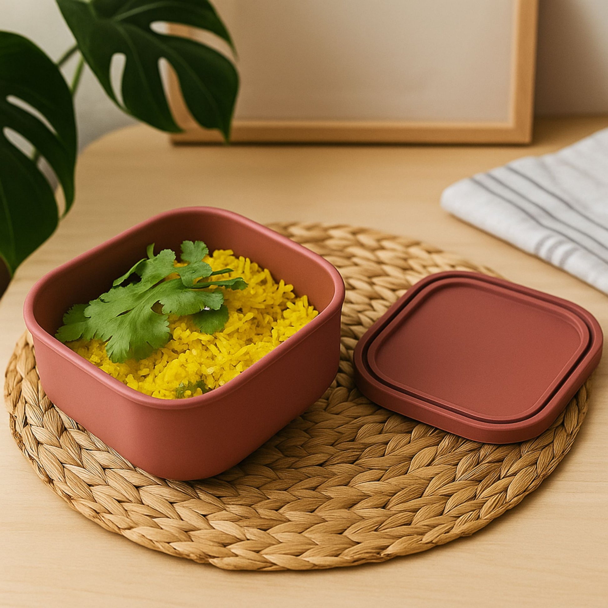 Square silicone container filled with turmeric rice, placed on woven mat
