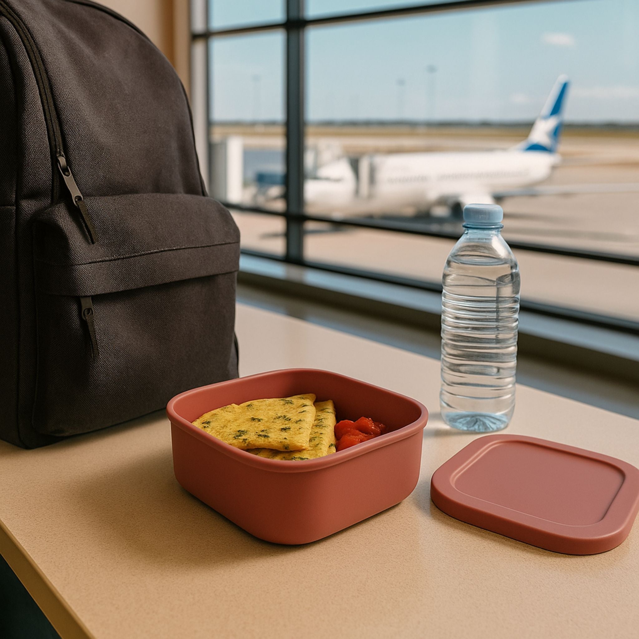 Red ZipNow silicone container with homemade food at airport lounge with backpack
